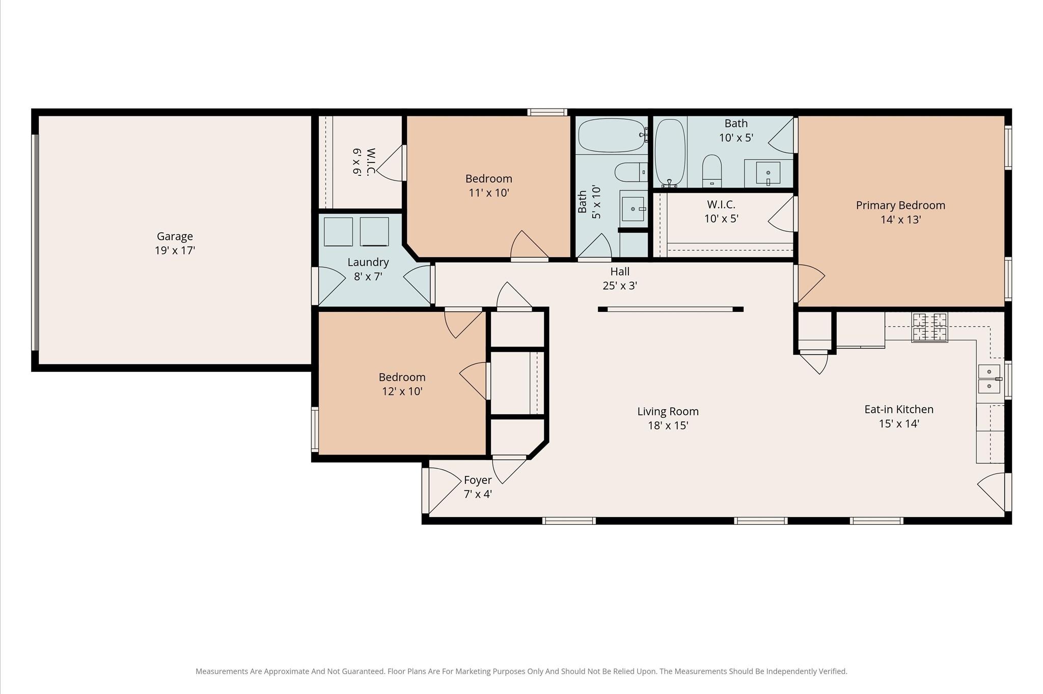 Floor plan showing three bedrooms, two bathrooms, living room, eat-in kitchen, and attached garage.