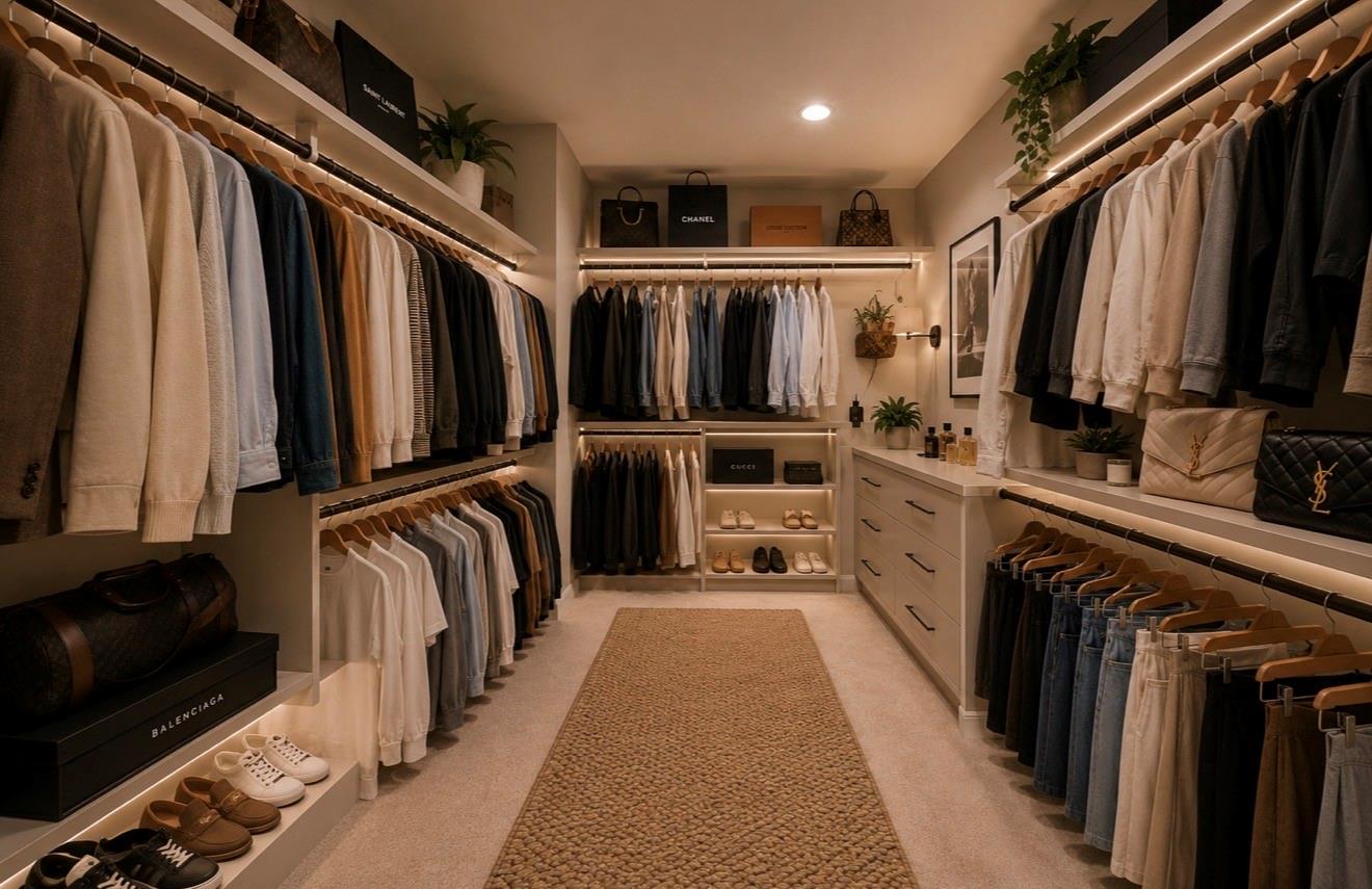 Walk-in closet with illuminated clothing rails, built-in drawers, shoes, and a long central rug.
