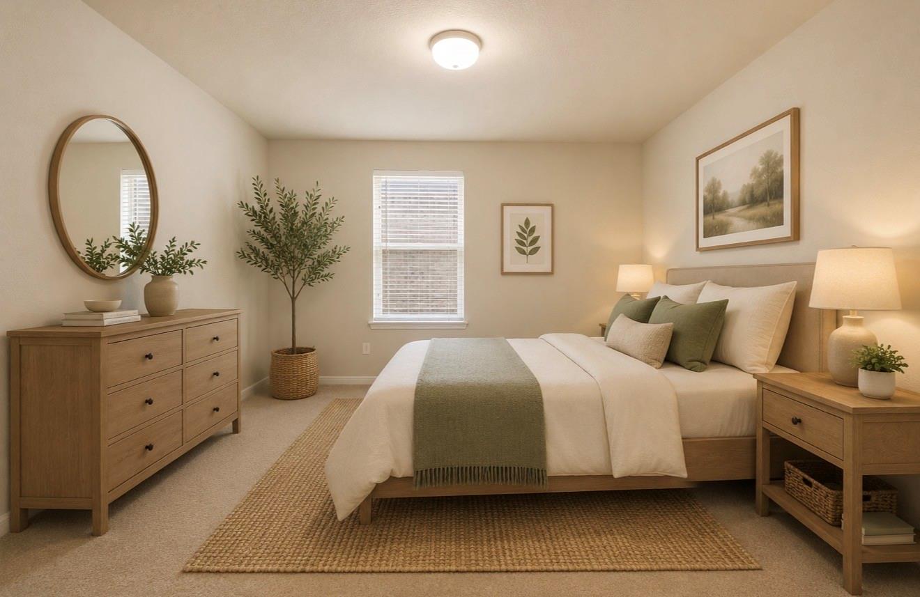 Staged bedroom with a neatly made bed, green accents, light wood furniture, and a woven rug.