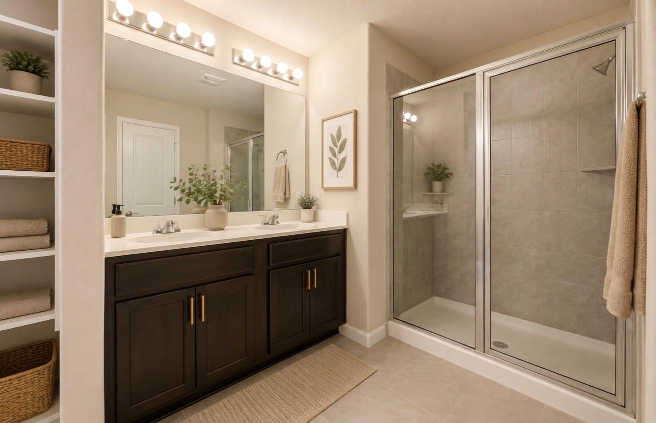 Bathroom with a dark double vanity, built-in shelving, and a glass-enclosed tiled shower.