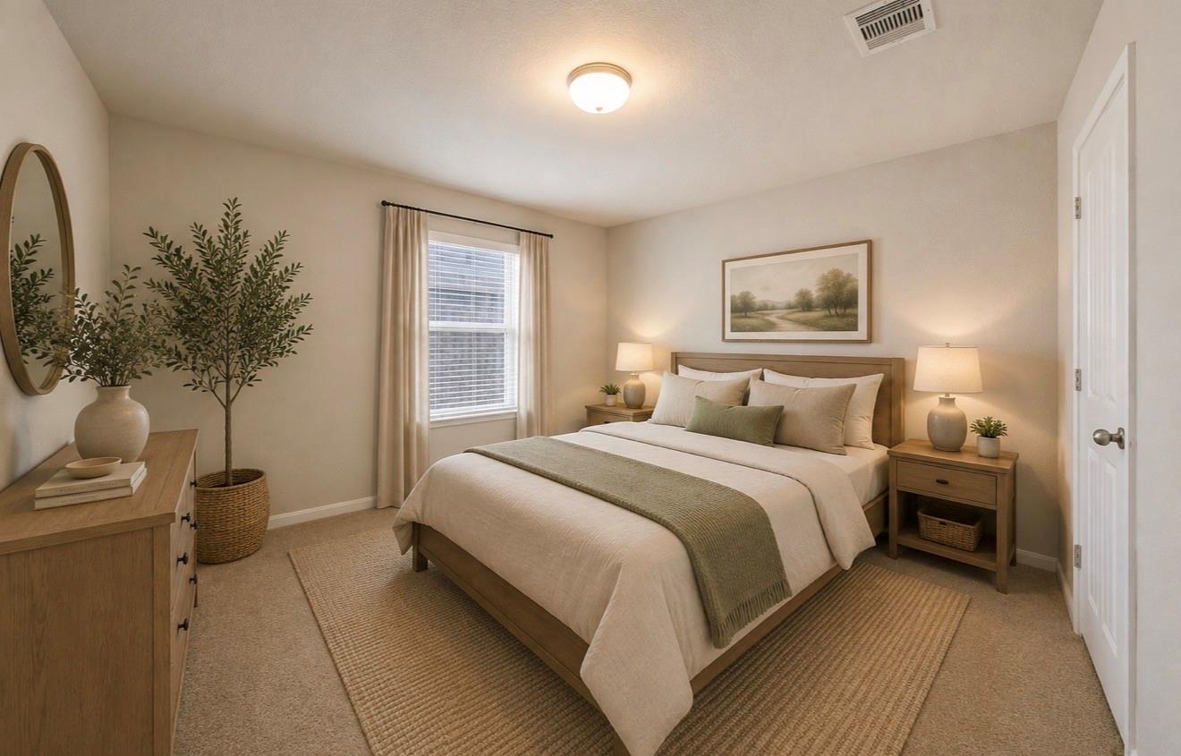 Staged bedroom with a wood bed, white bedding, green throw, matching lamps, and woven rug.