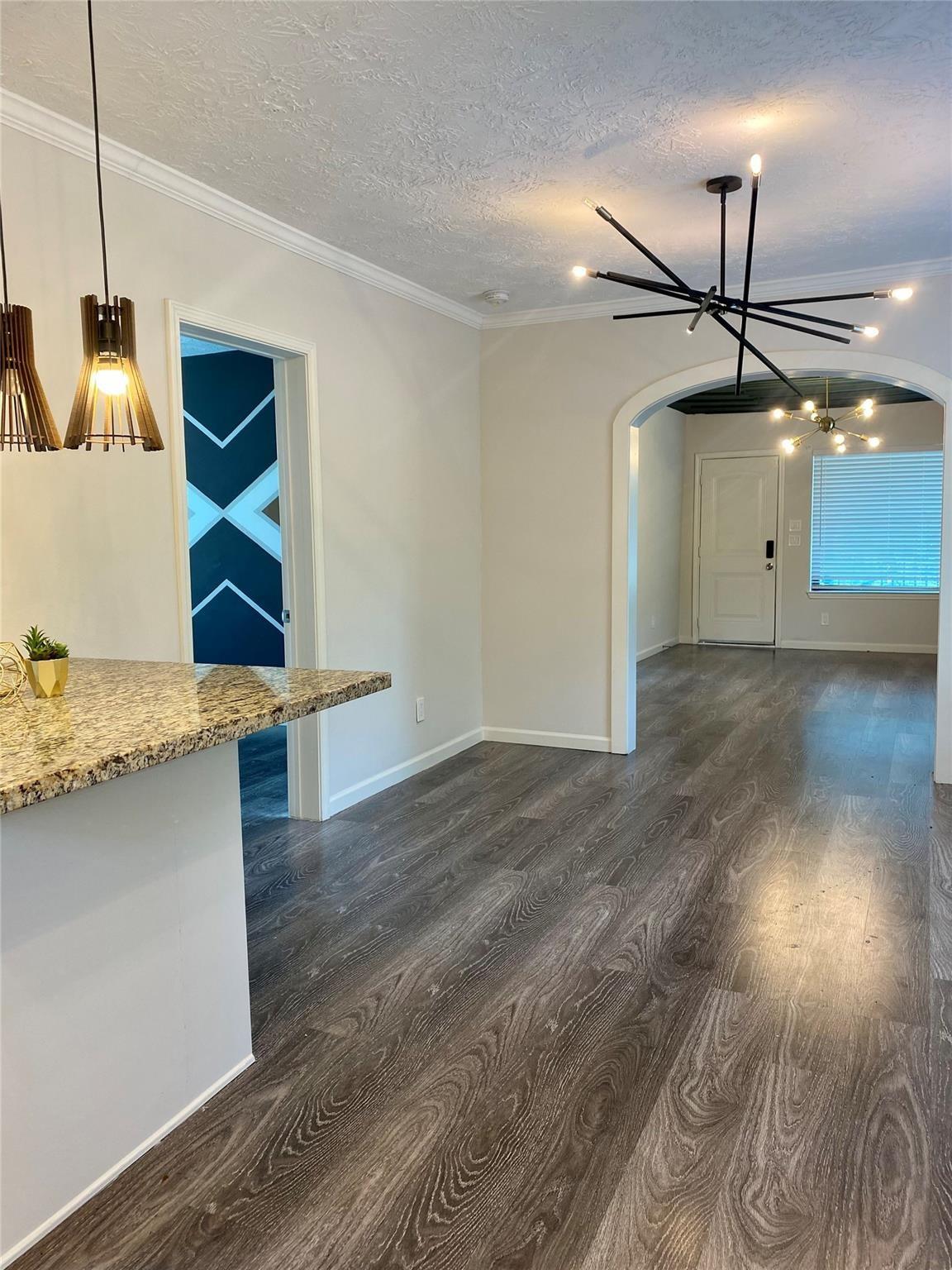 Dining area with granite breakfast bar, dark wood-look flooring, and modern pendant lights.