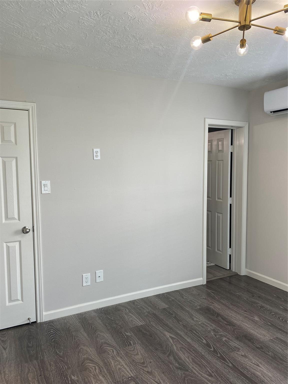 Empty room with dark wood-look flooring, white doors, and a brass ceiling light.