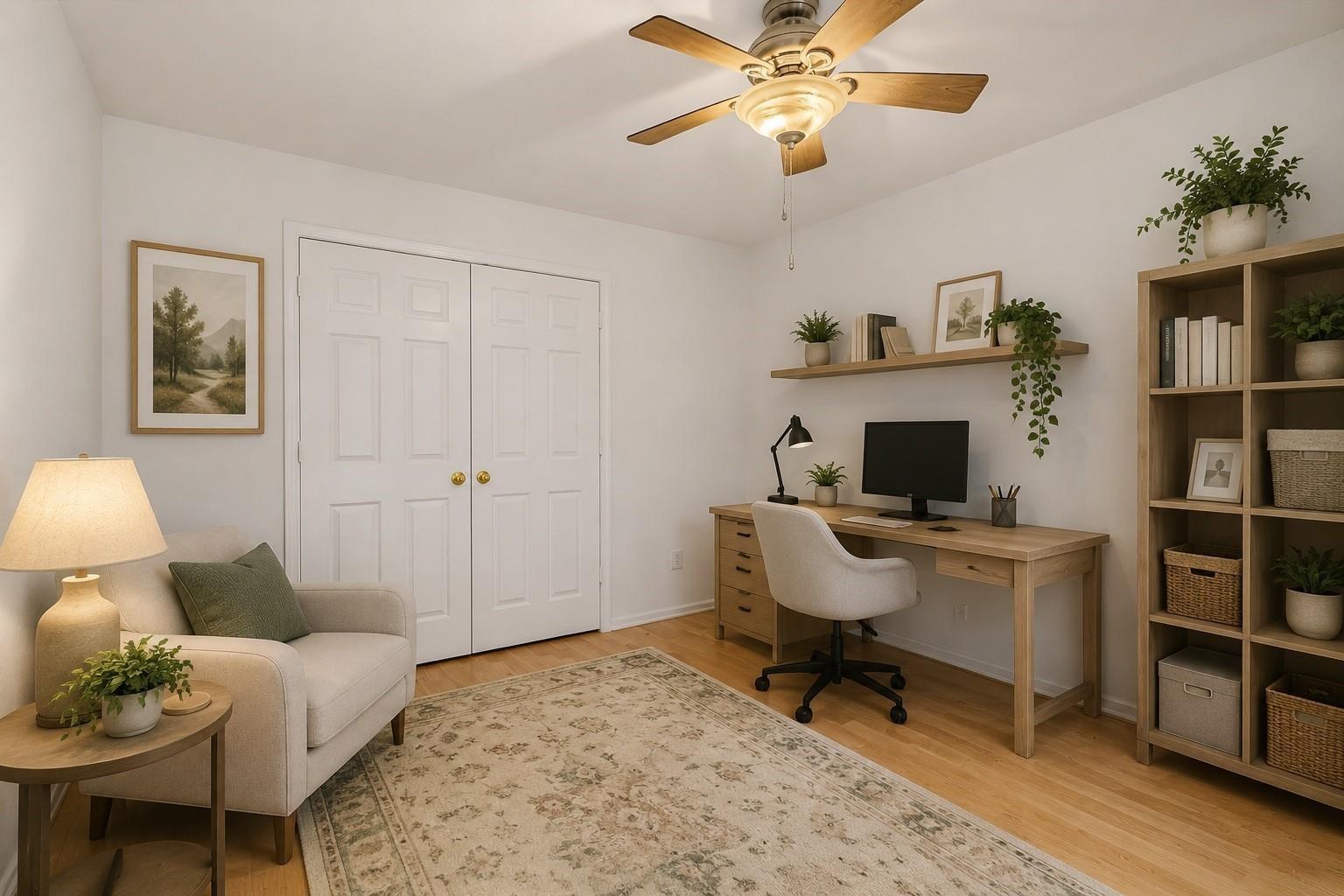 Home office with a wooden desk and bookcase, computer, and a small sofa.