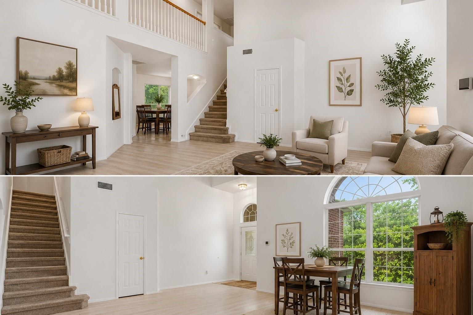 Bright living room with a tall staircase, shown alongside the dining area and arched window.