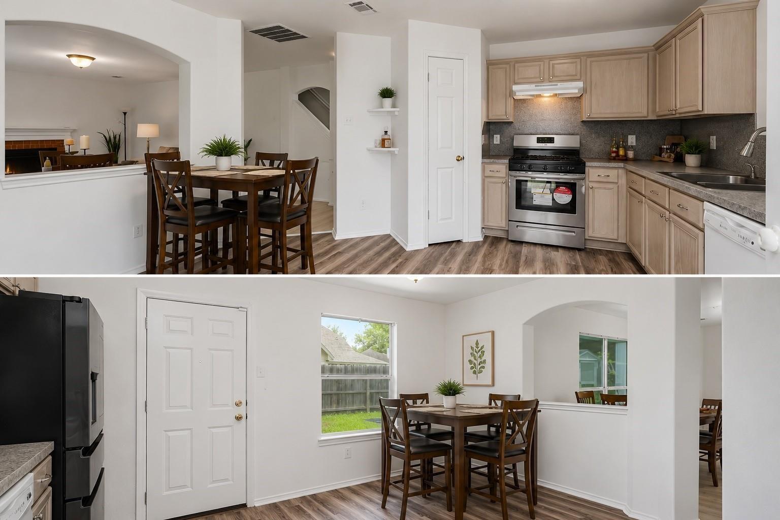 Kitchen and dining area with light wood cabinets, stainless steel appliances, and a dark wood dining set.