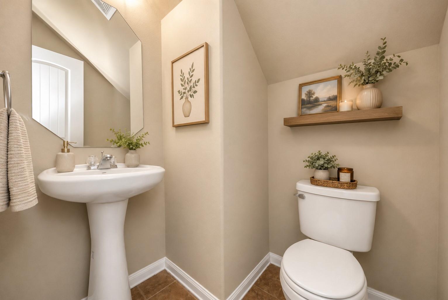 Powder room with a pedestal sink, toilet, brown tile floor, and floating wood shelf.