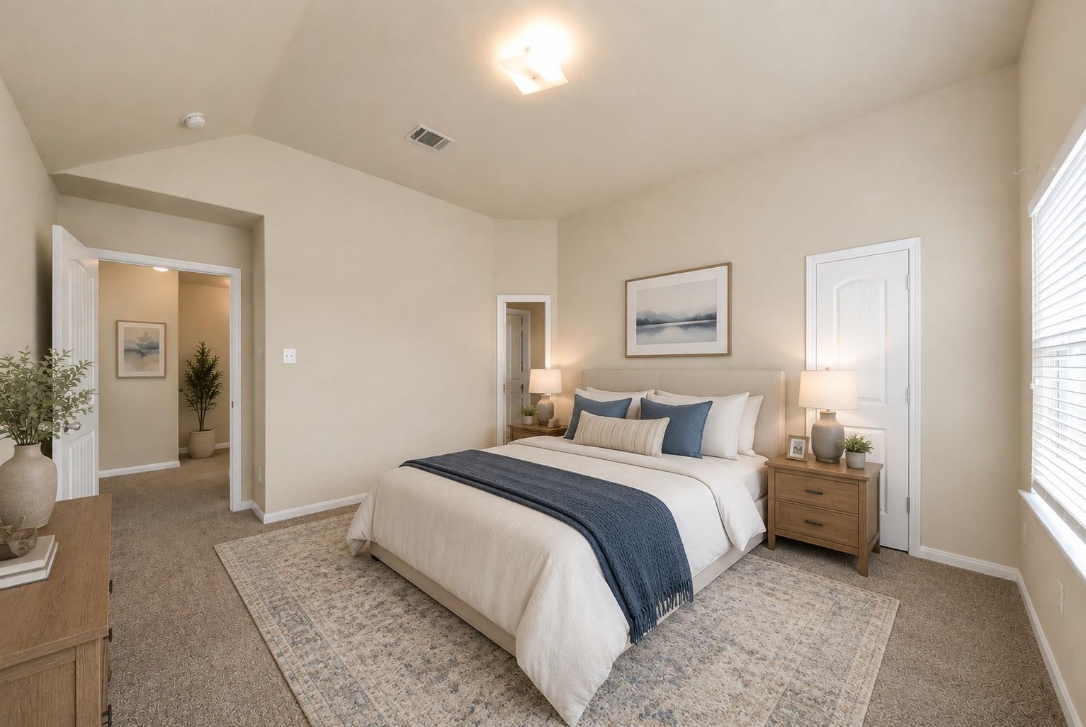 Staged bedroom with a large white bed, blue accents, wooden nightstands, and a patterned rug.