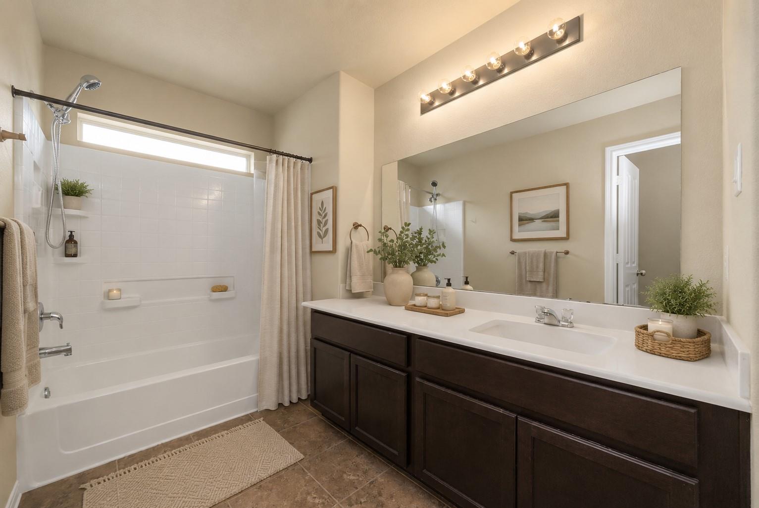 Bathroom with a white tub and shower beside a dark wood vanity and wide mirror.