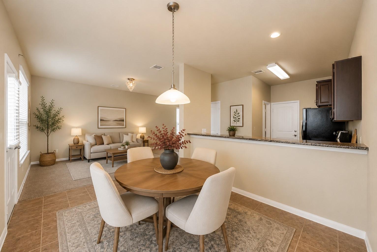 Open-plan dining and living area with a round wood table, beige sofa, and kitchen breakfast bar.