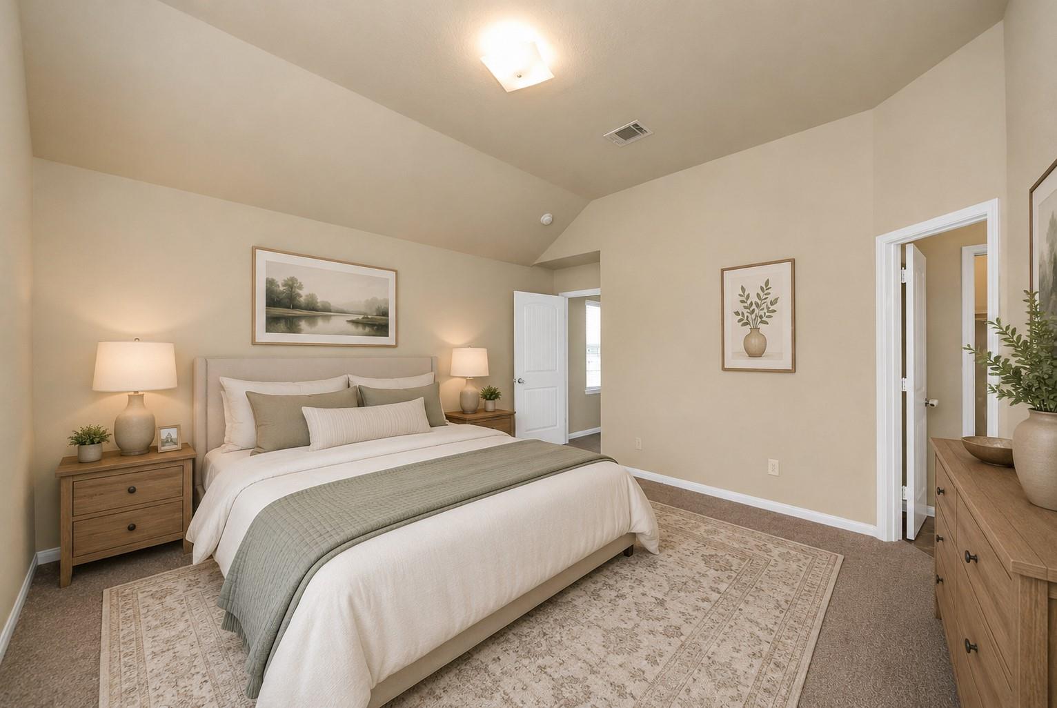 Staged bedroom with a large bed, vaulted ceiling, neutral decor, and patterned area rug.