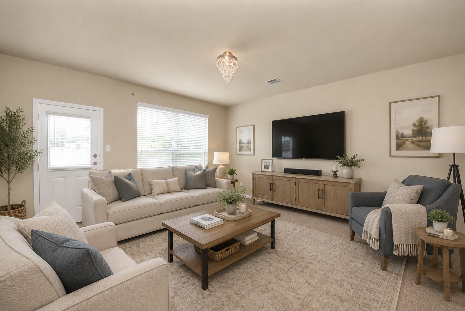 Staged living room with beige sofas, a gray accent chair, and a large wall-mounted television.