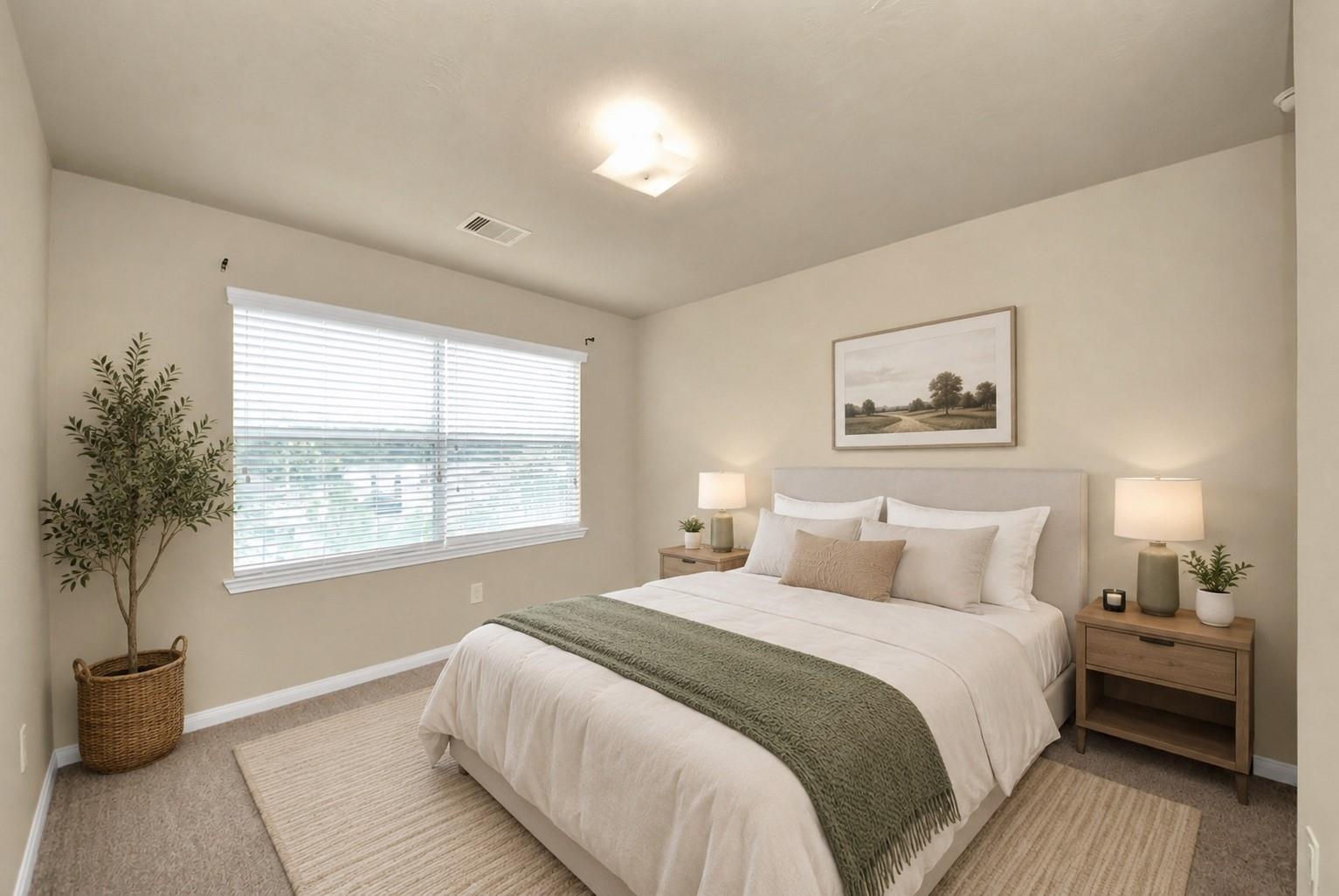 Bedroom with a white bed, sage-green throw, matching nightstands, and a wide window with blinds.