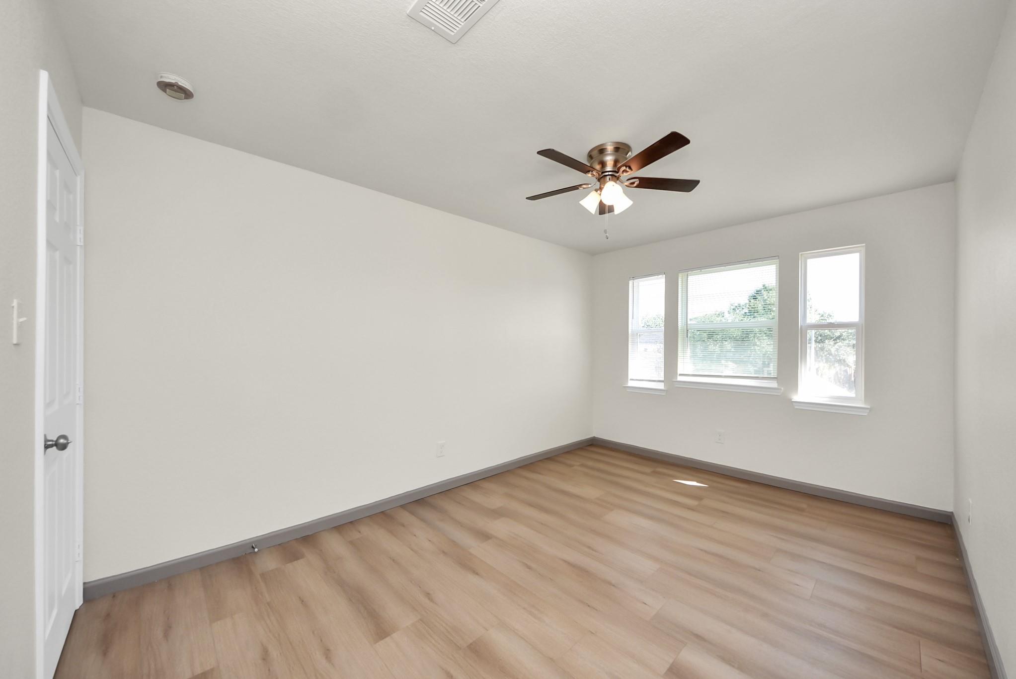 Empty bedroom with light wood floors, a ceiling fan, and three windows.