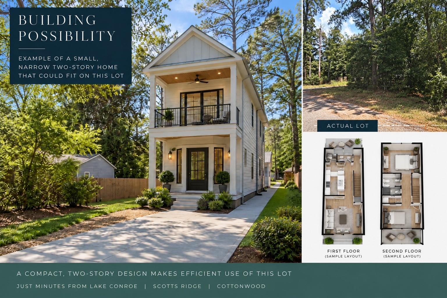 Flyer showing a wooded lot, a possible two-story home, and sample floor plans.