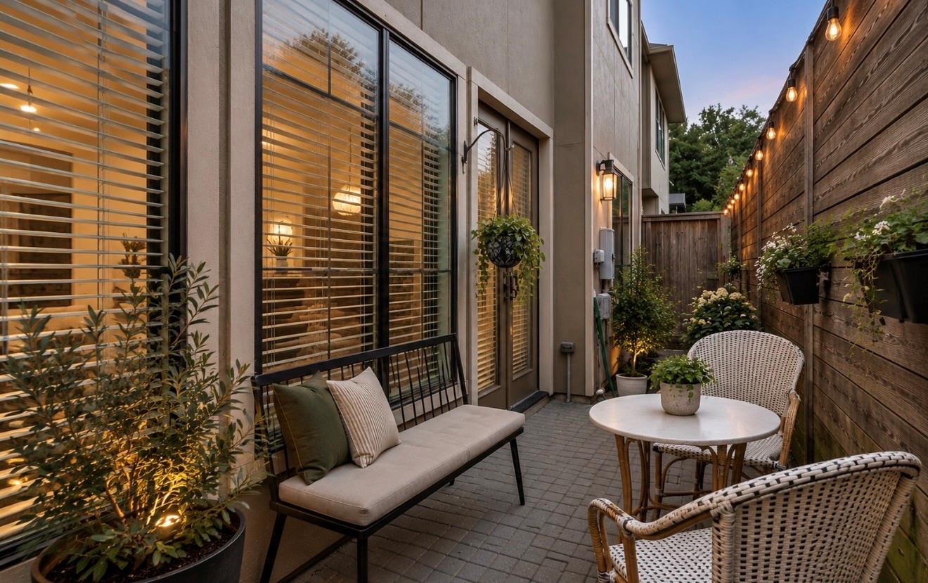 Private paved patio with cushioned bench, wicker seating, and string-lit wooden fence.