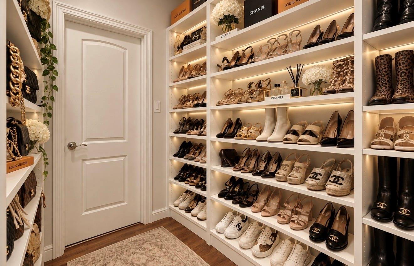 Walk-in shoe closet with illuminated white shelving, designer shoes, and a patterned rug.