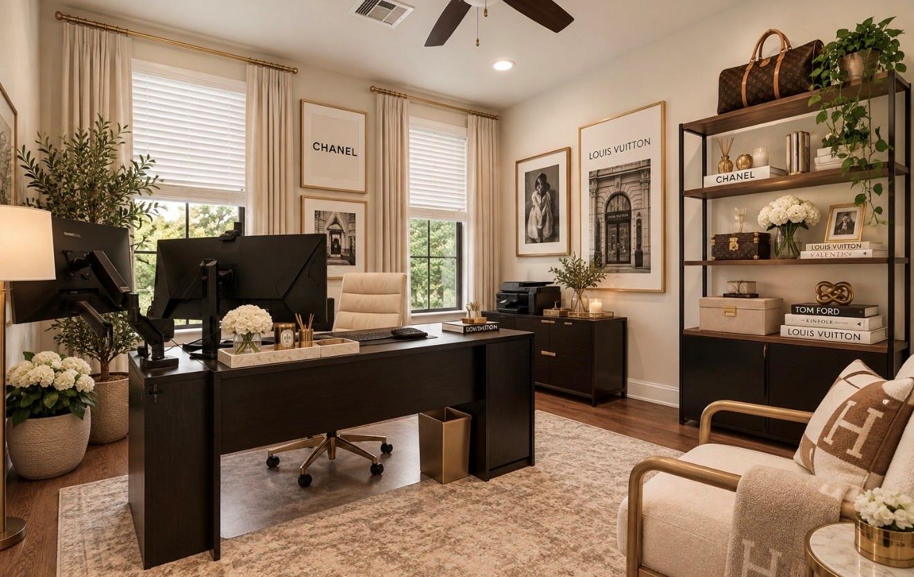 Home office with a dark desk, two monitors, tall windows, and a beige lounge chair.