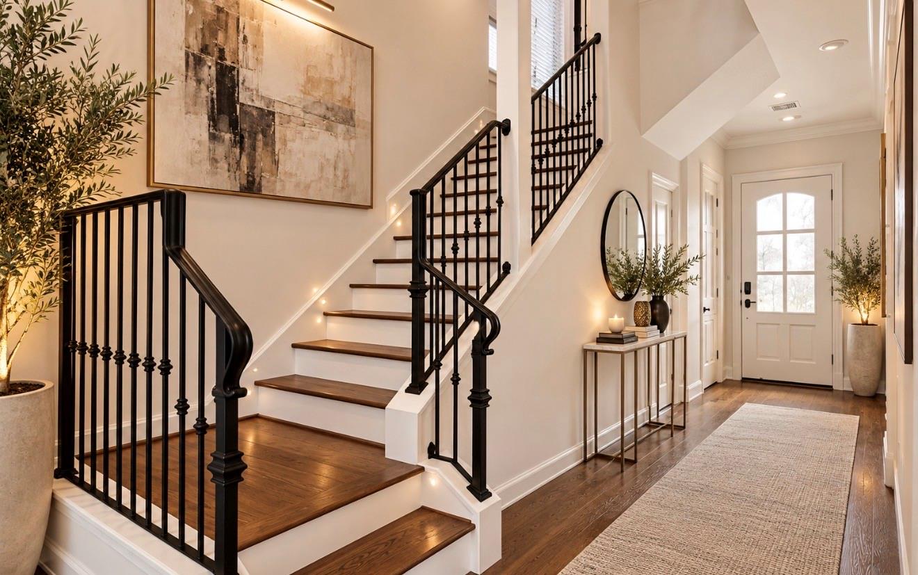 Entry foyer with a dark wood staircase, black railings, and a glass-paneled front door.