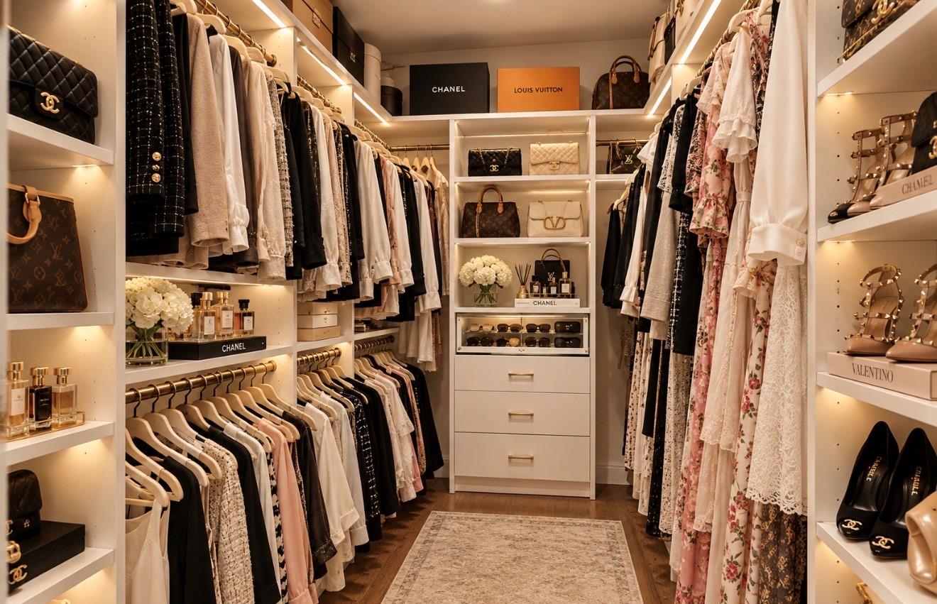 Walk-in closet with illuminated shelving, hanging clothes, handbags, and a patterned rug.