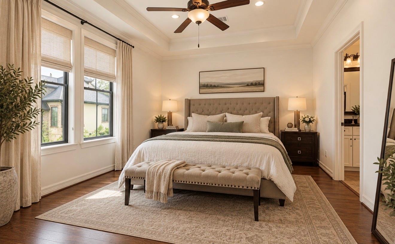 Bedroom with a tufted upholstered bed, tray ceiling, ceiling fan, and tall windows.