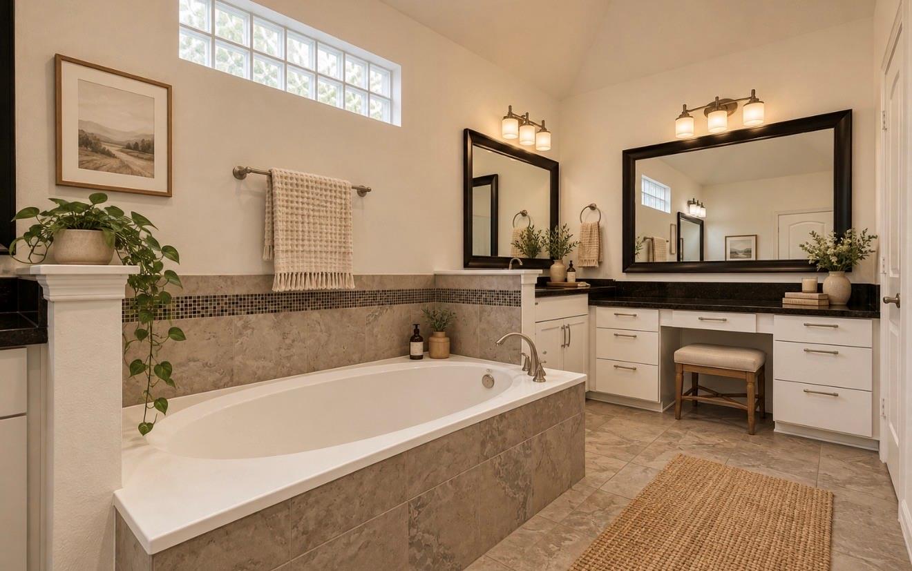 Primary bathroom with a built-in soaking tub, double vanity, and high clerestory windows.