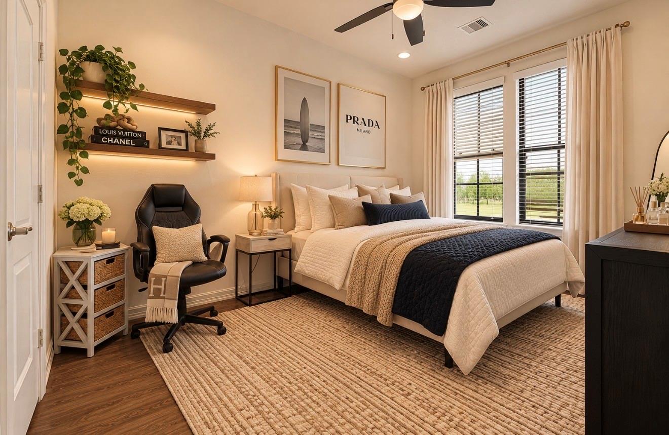 Staged bedroom with a king bed, black desk chair, and tall windows overlooking greenery.