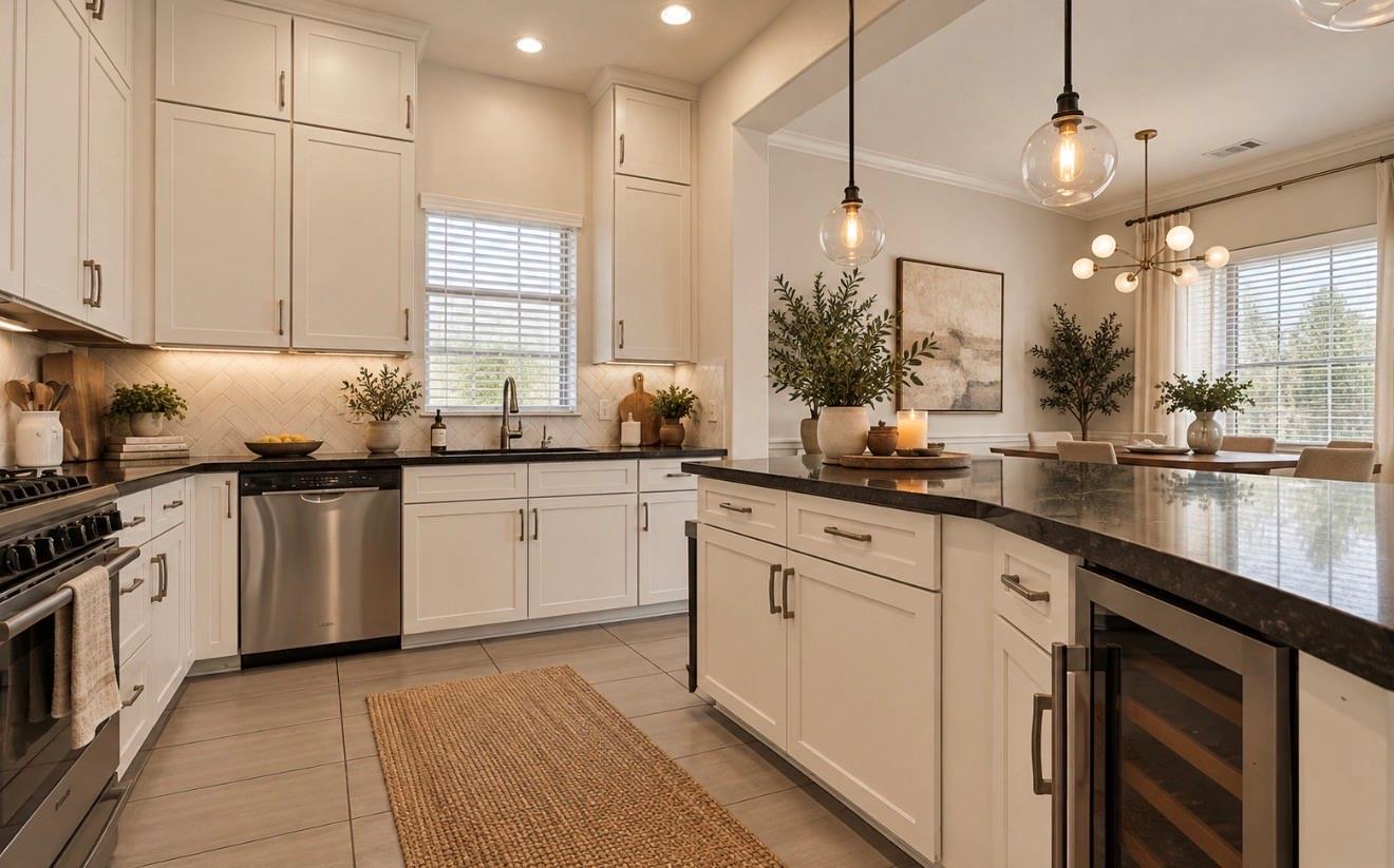 Bright kitchen with white cabinets, dark stone counters, a central island, and an adjoining dining area.