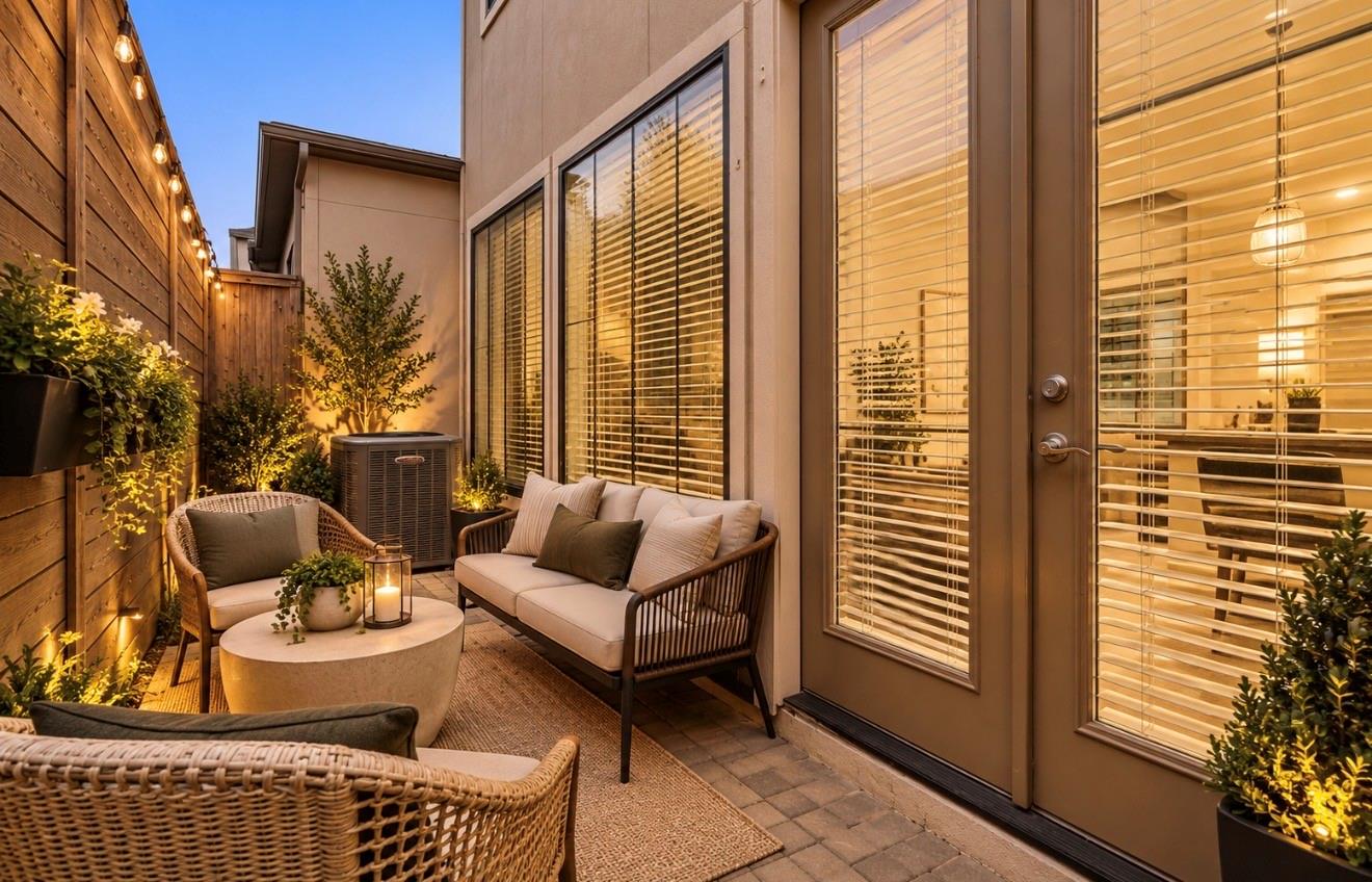 Private furnished patio with wicker seating, string lights, and large glass doors.