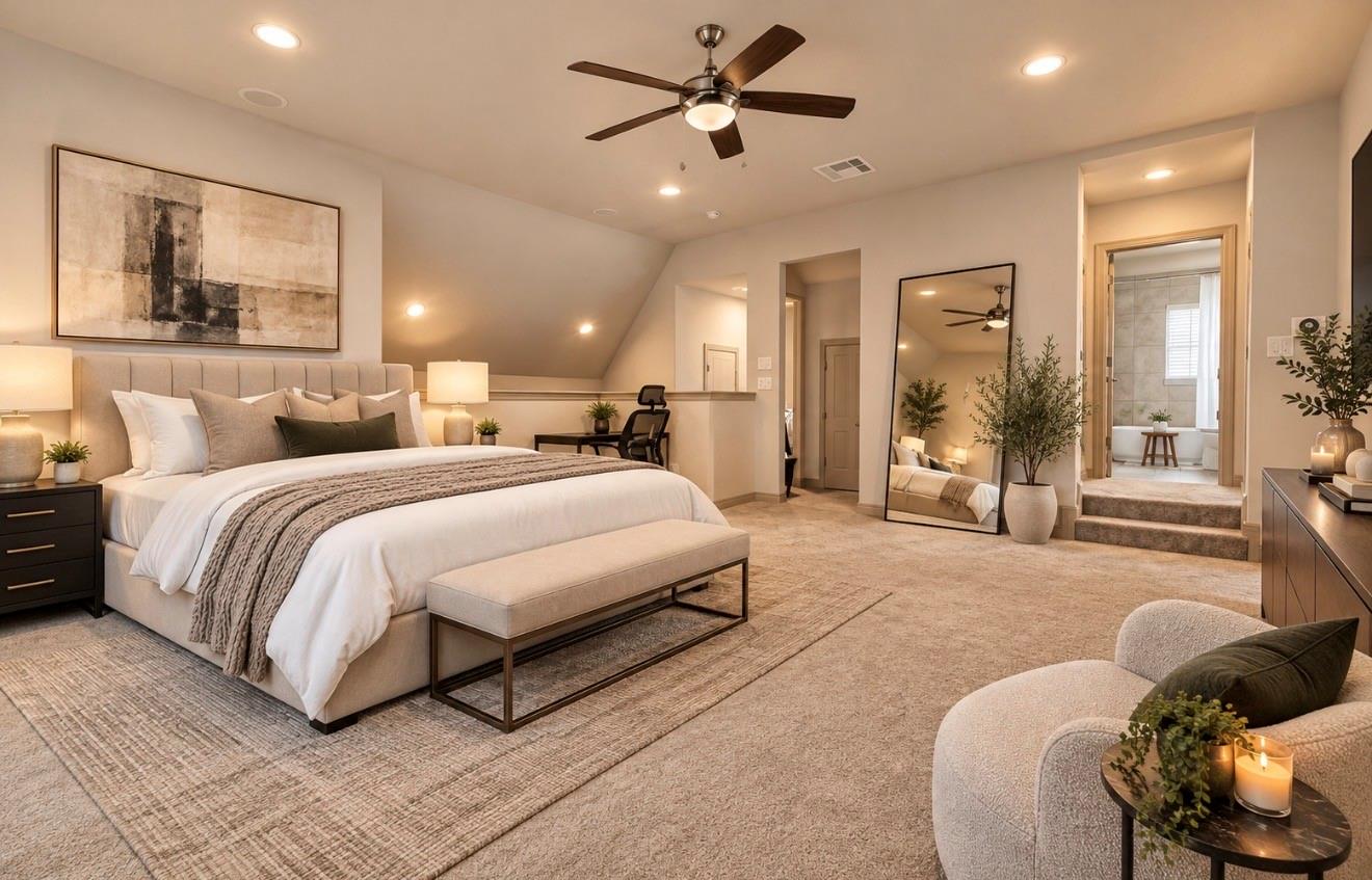 Staged primary bedroom with a large bed, sitting area, and adjoining bathroom.