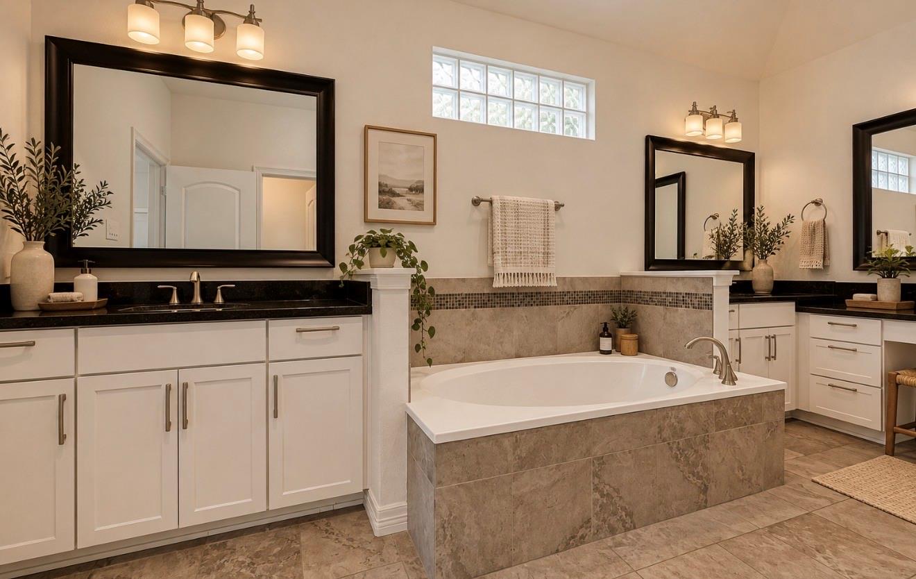 Bathroom with a built-in soaking tub, white vanities, and dark-framed mirrors.