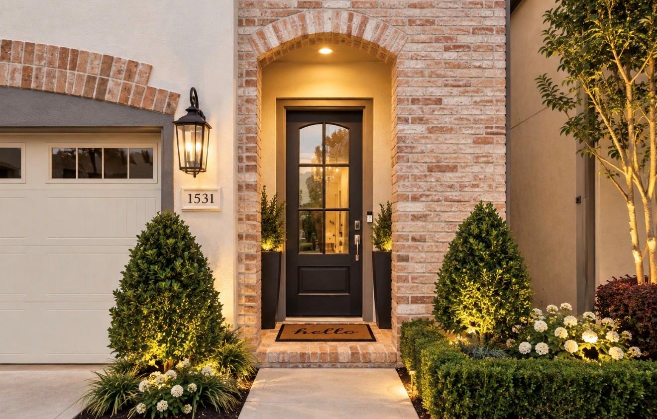 Brick-arched front entry with black glass door, illuminated landscaping, and address plaque 1531.