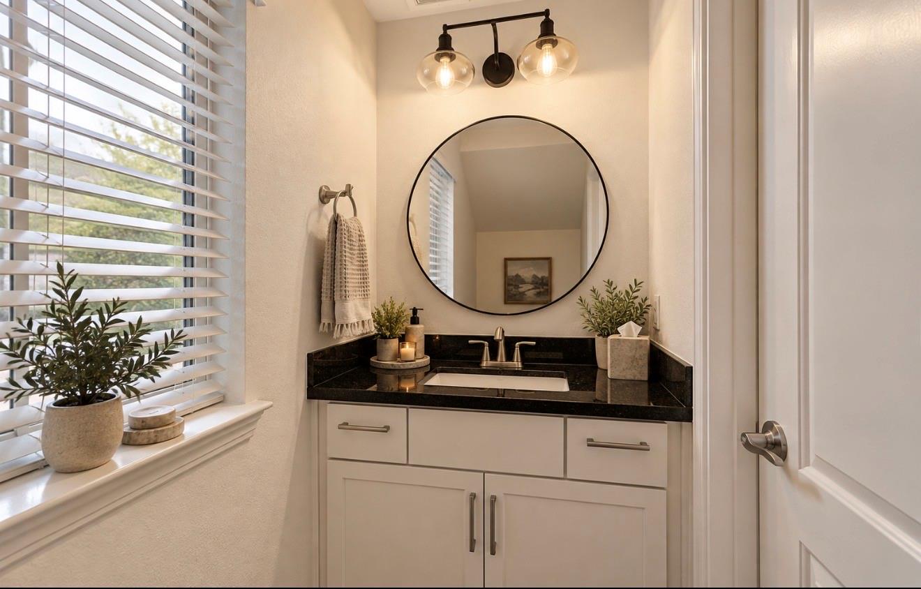 Powder room vanity with a black countertop, round mirror, and window with white blinds.