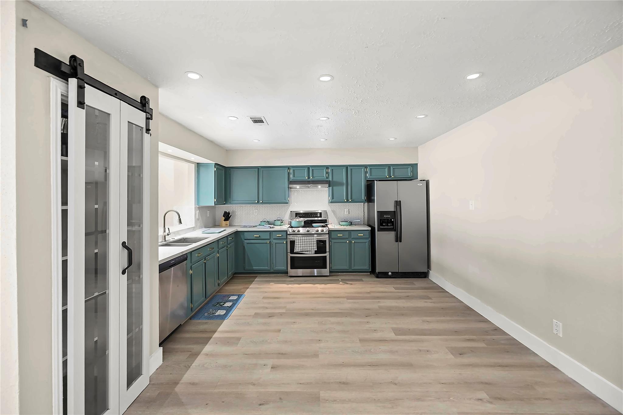 Kitchen with teal cabinets, stainless steel appliances, and a glass-panel sliding barn door.