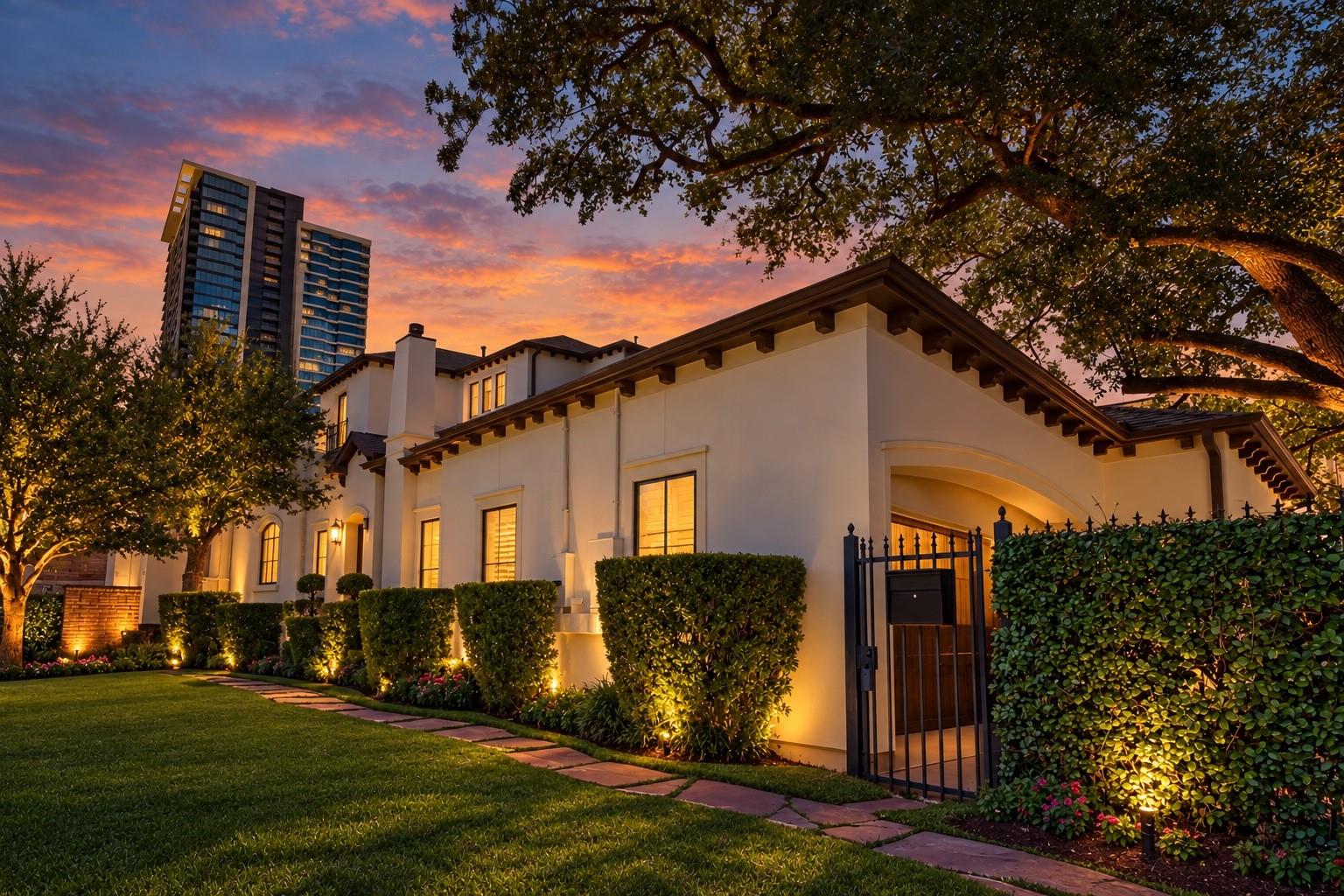 White stucco home with a gated entrance and manicured landscaping at dusk.