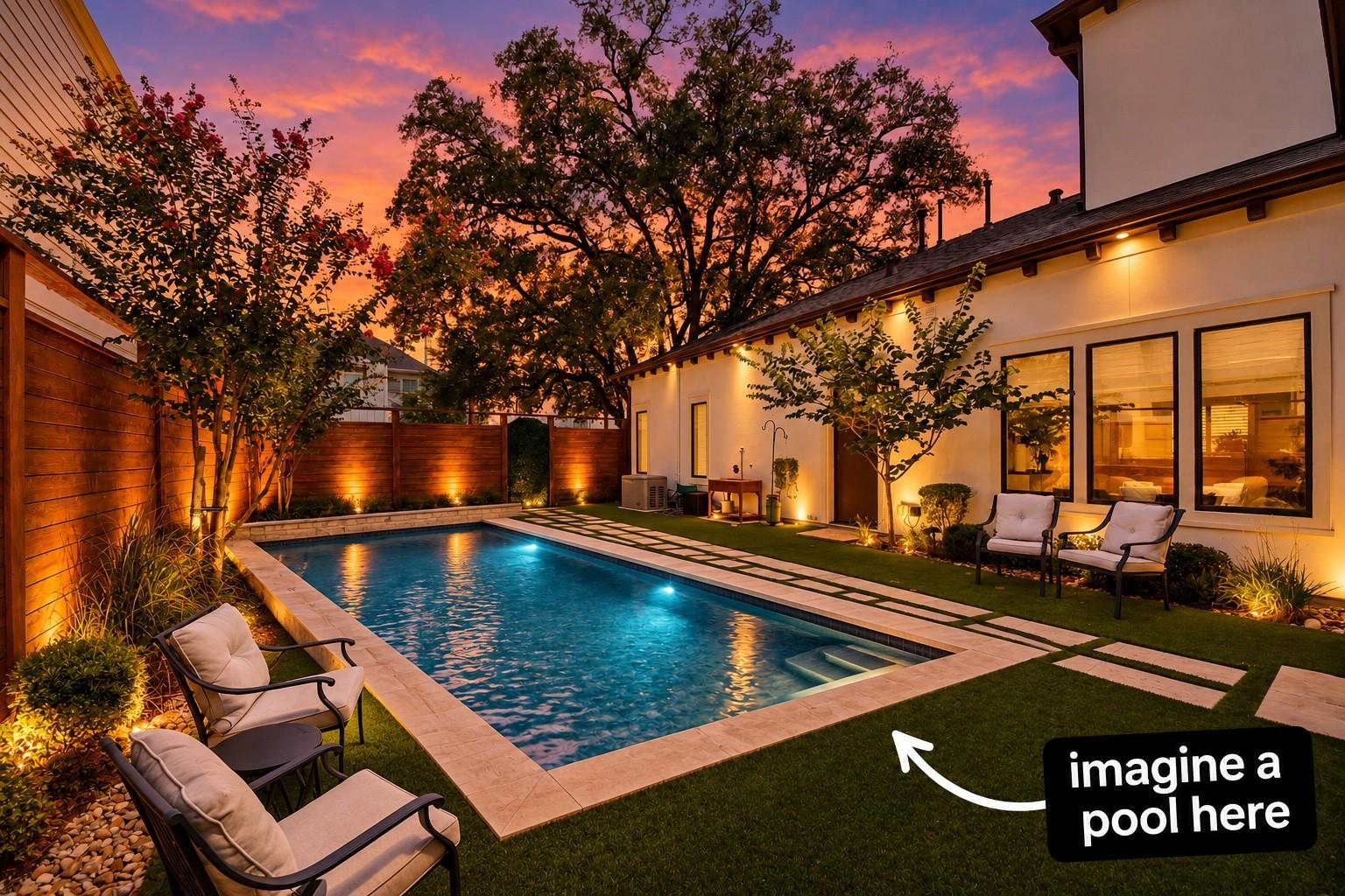 Backyard pool and patio seating beneath a vivid sunset, with an “imagine a pool here” callout.