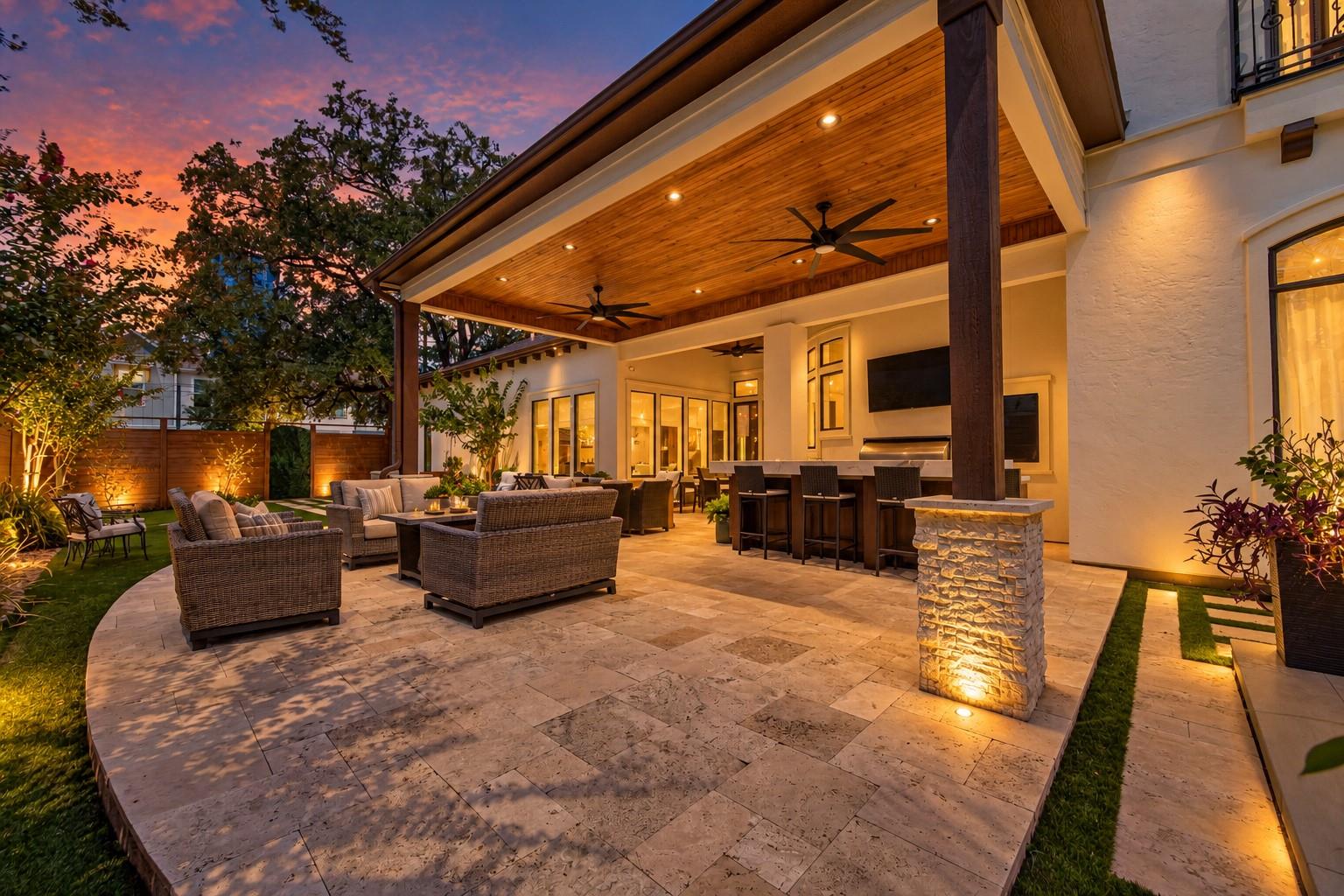 Covered stone patio with outdoor kitchen, lounge seating, and a wood-paneled ceiling at dusk.