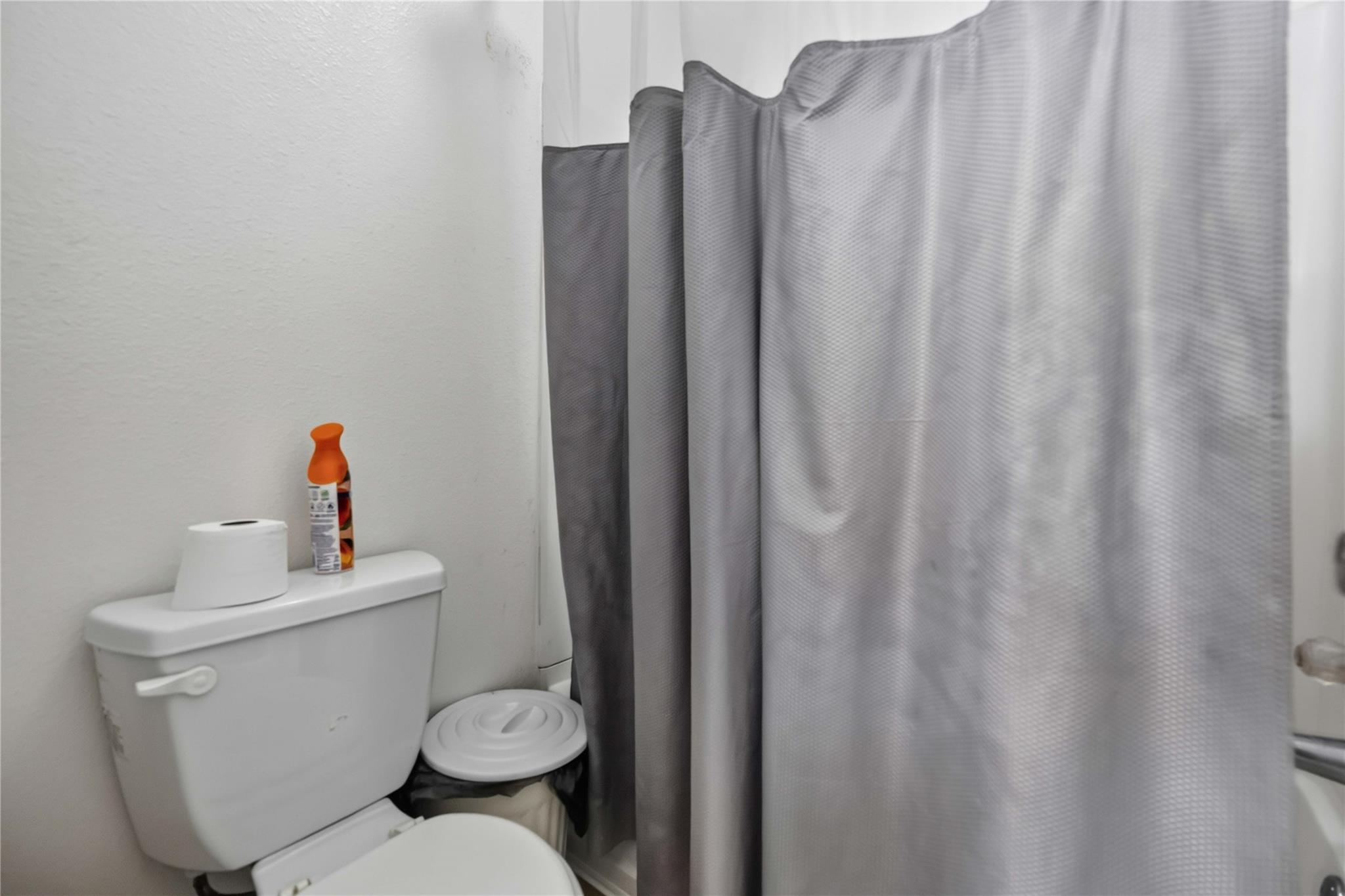 Bathroom with a white toilet beside a gray shower curtain.