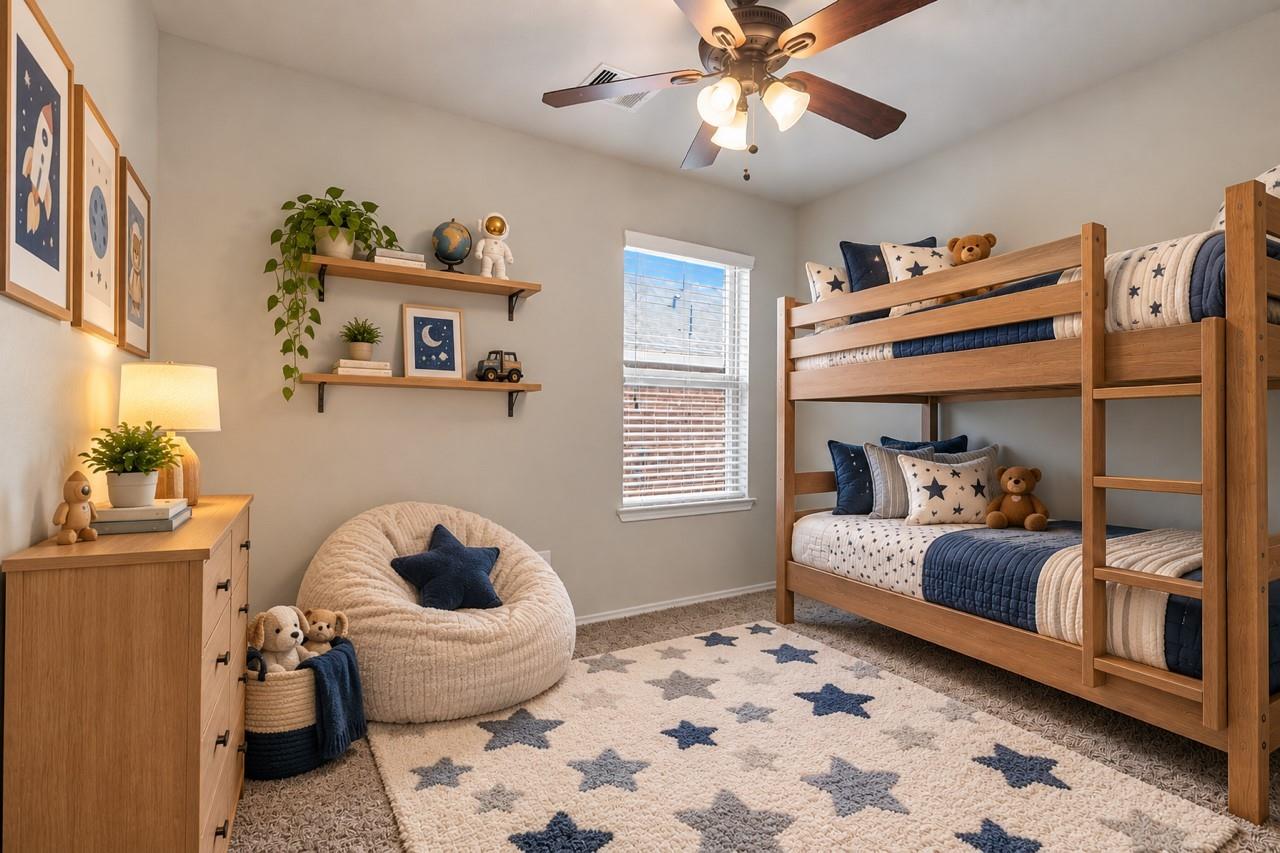 Bedroom with a wooden bunk bed, star-patterned bedding and rug, and space-themed decor.