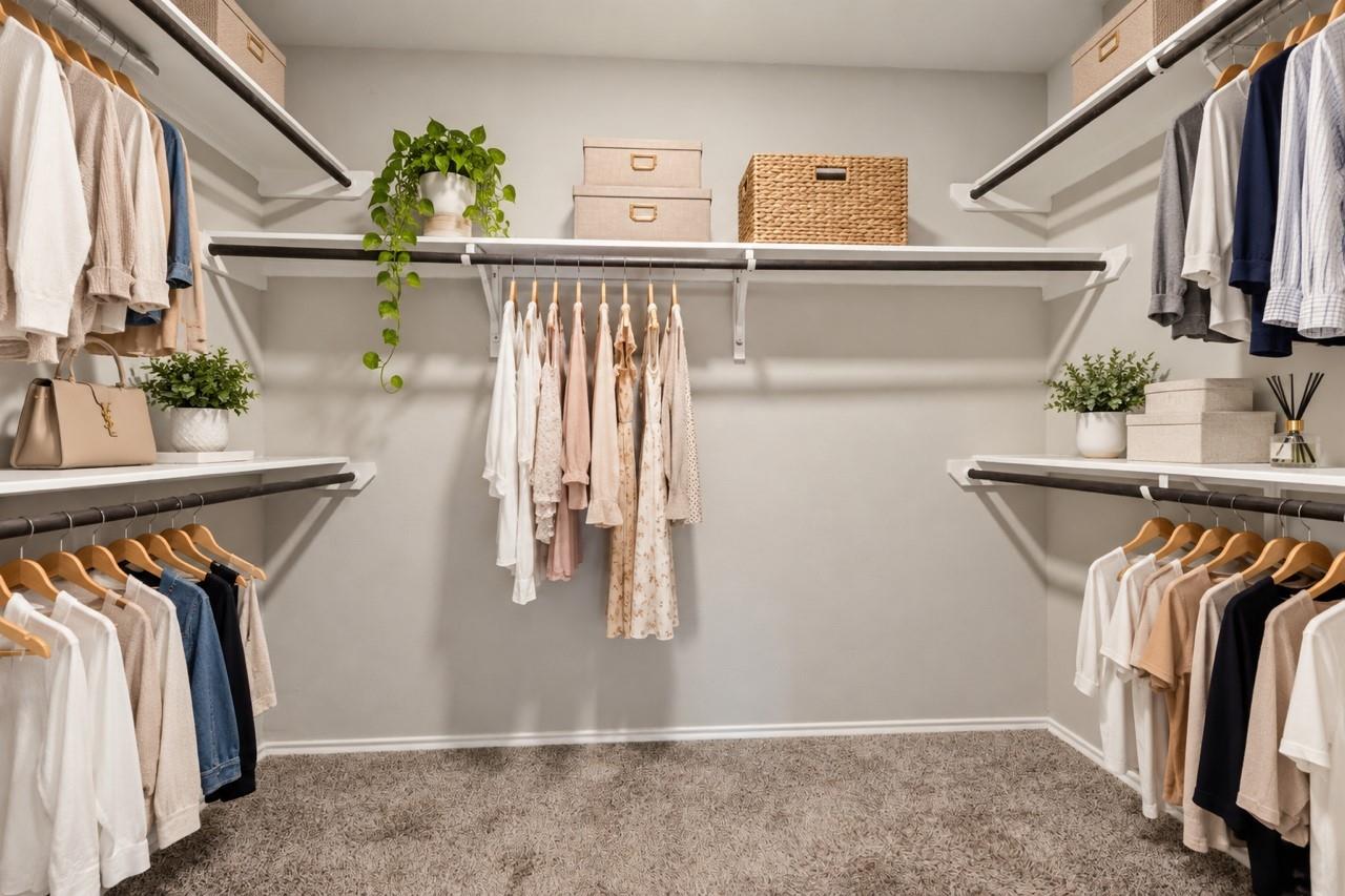 Walk-in closet with clothes on three walls, storage boxes, and a carpeted floor.