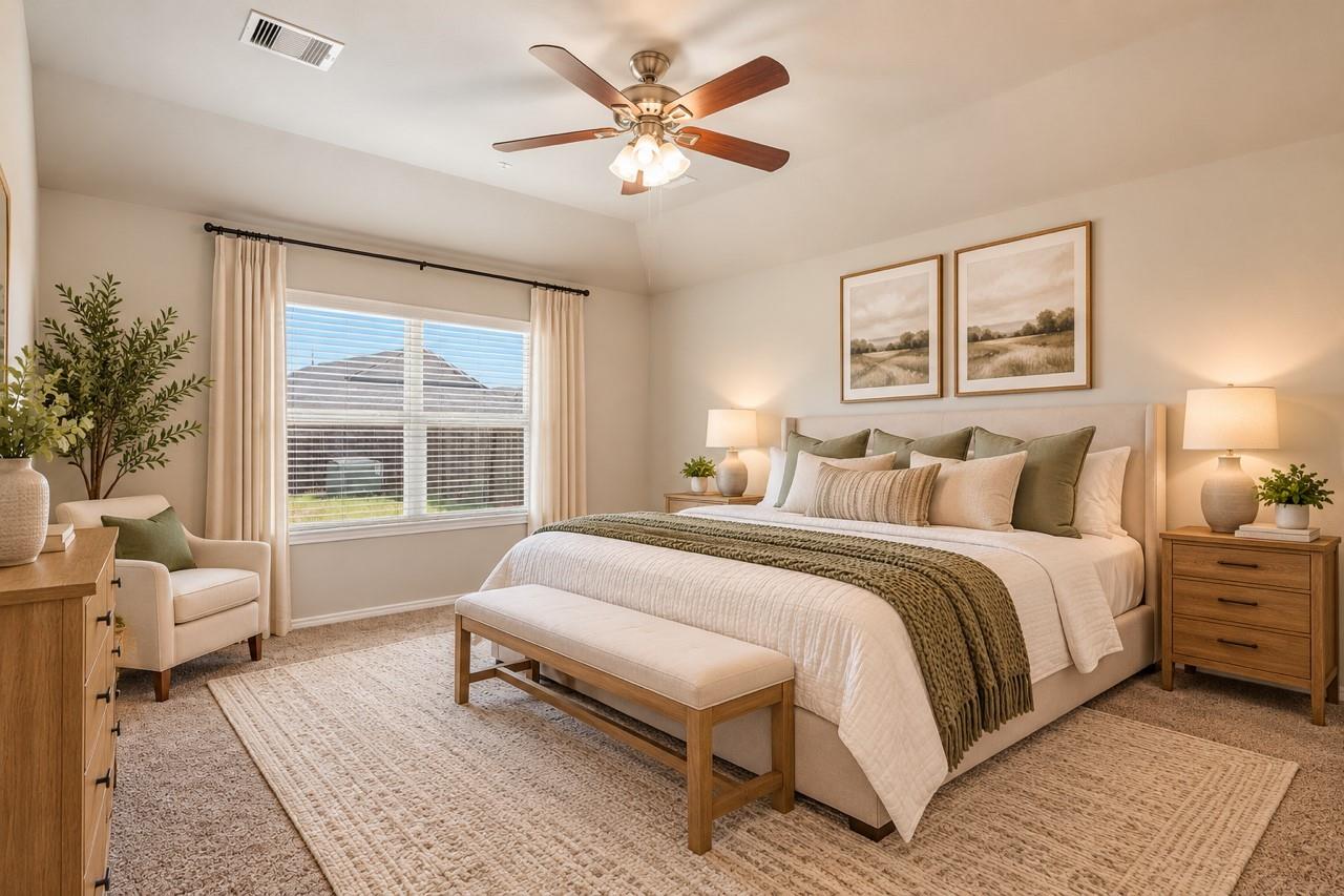 Furnished bedroom with a large white bed, sage accents, wood nightstands, and a ceiling fan.