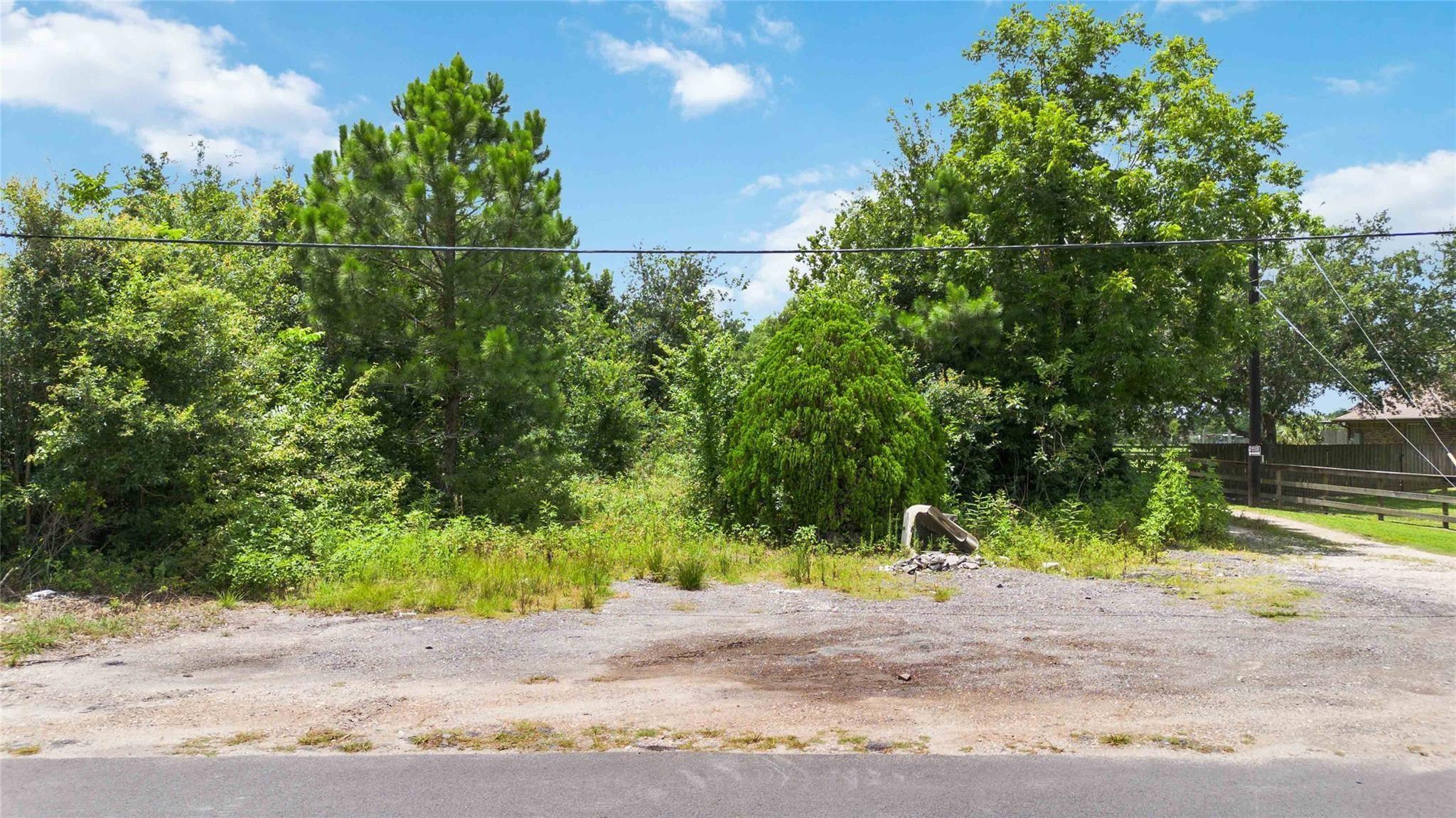 Wooded vacant lot with dense trees, roadside gravel driveway, utility lines, and a neighboring fence.