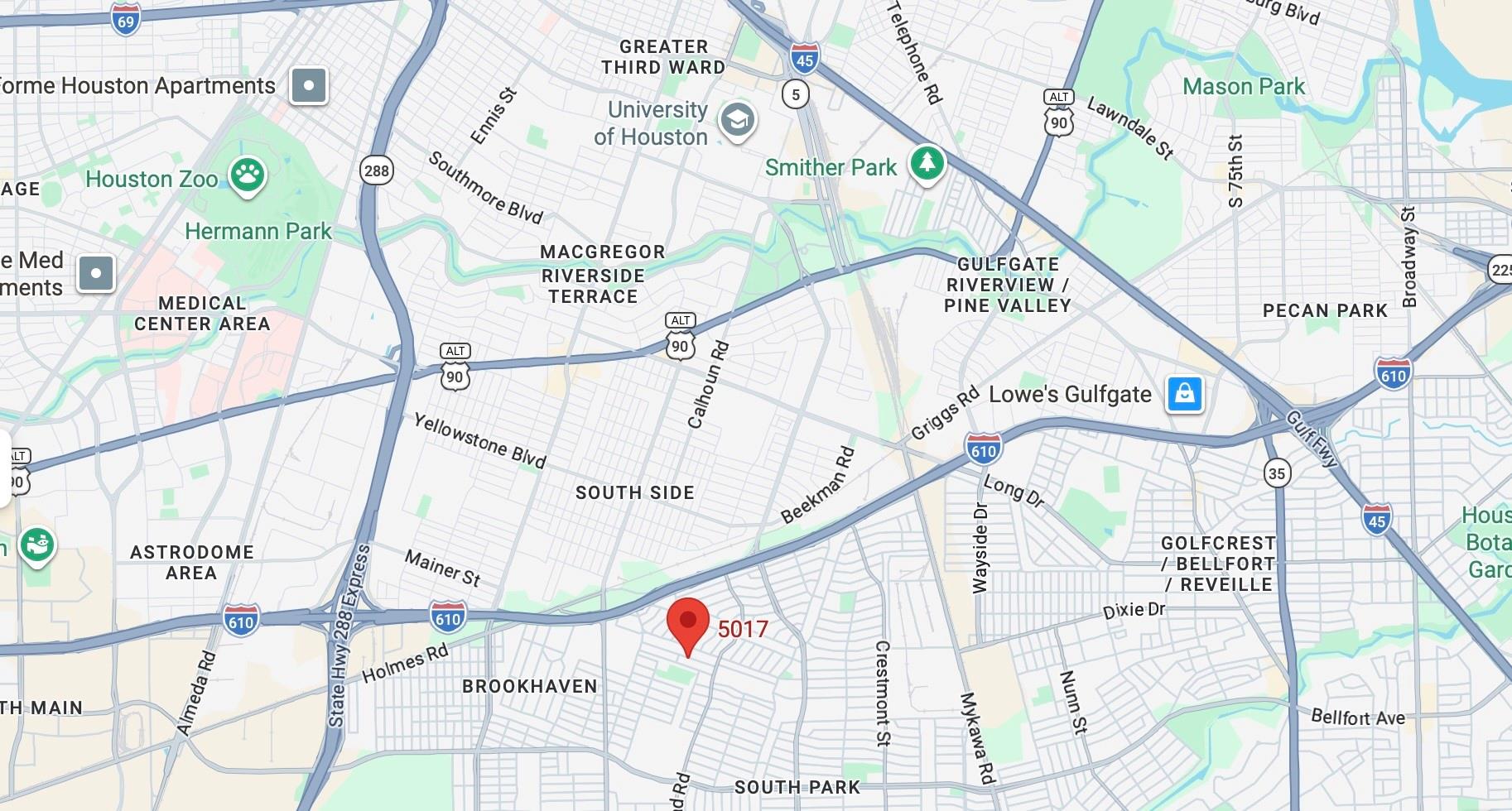 Map showing the location marked 5017 in southeast Houston, near Brookhaven and South Park.