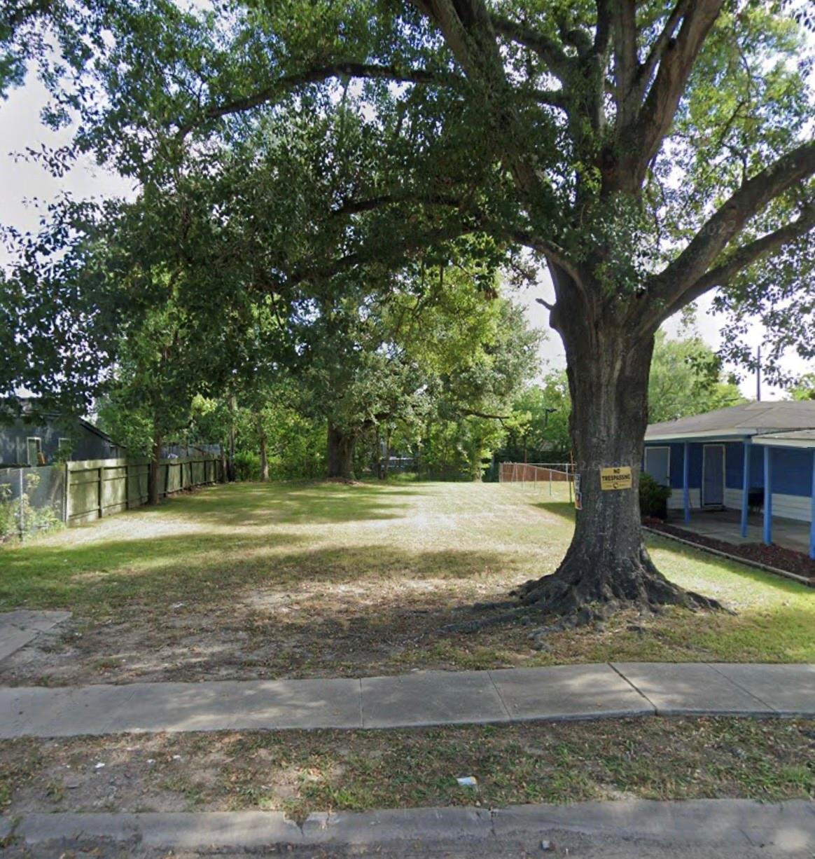 Grassy residential lot with a large shade tree and a blue neighboring house.