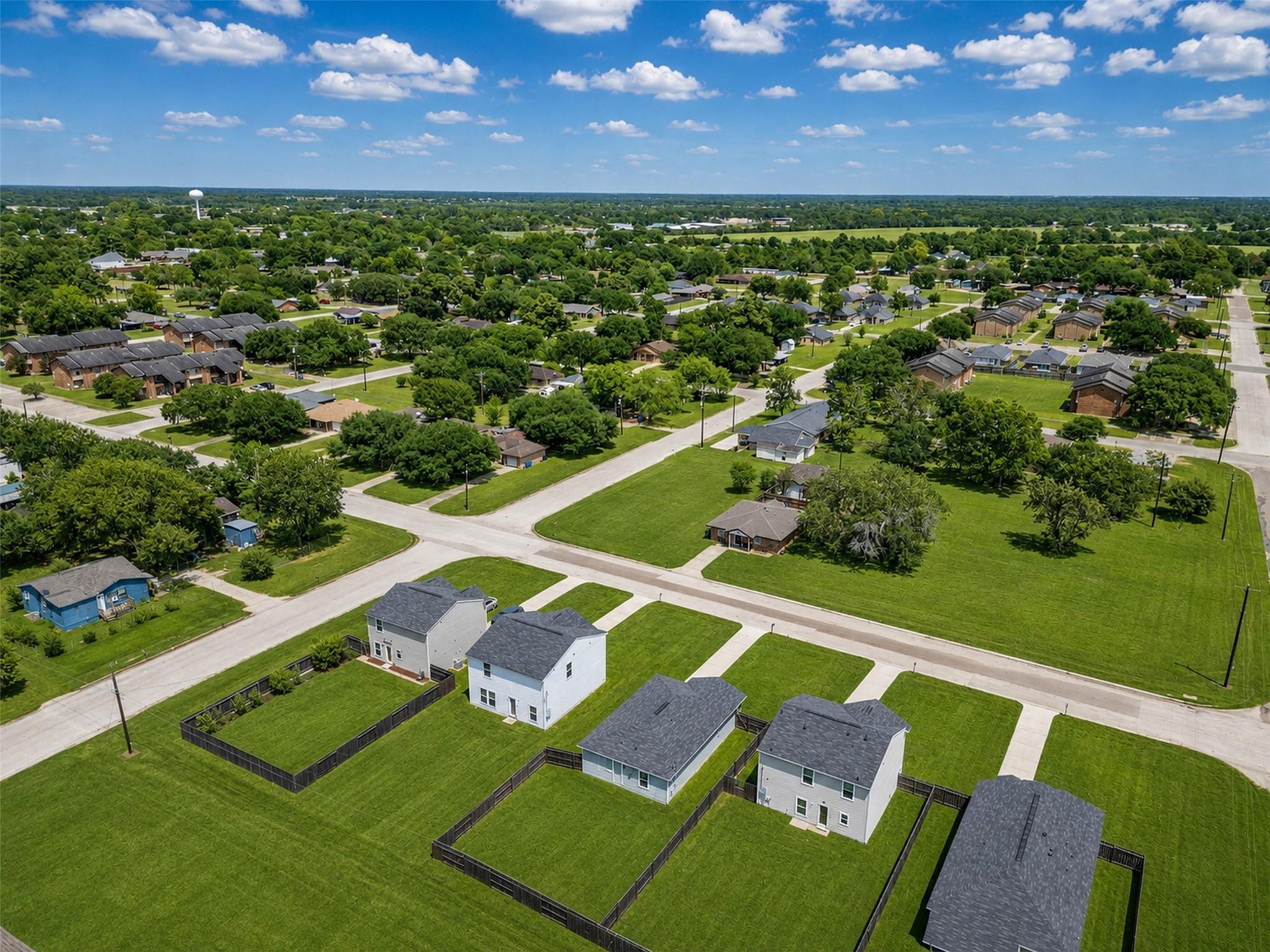 Aerial view of a leafy neighborhood with detached homes, fenced yards, and intersecting streets.