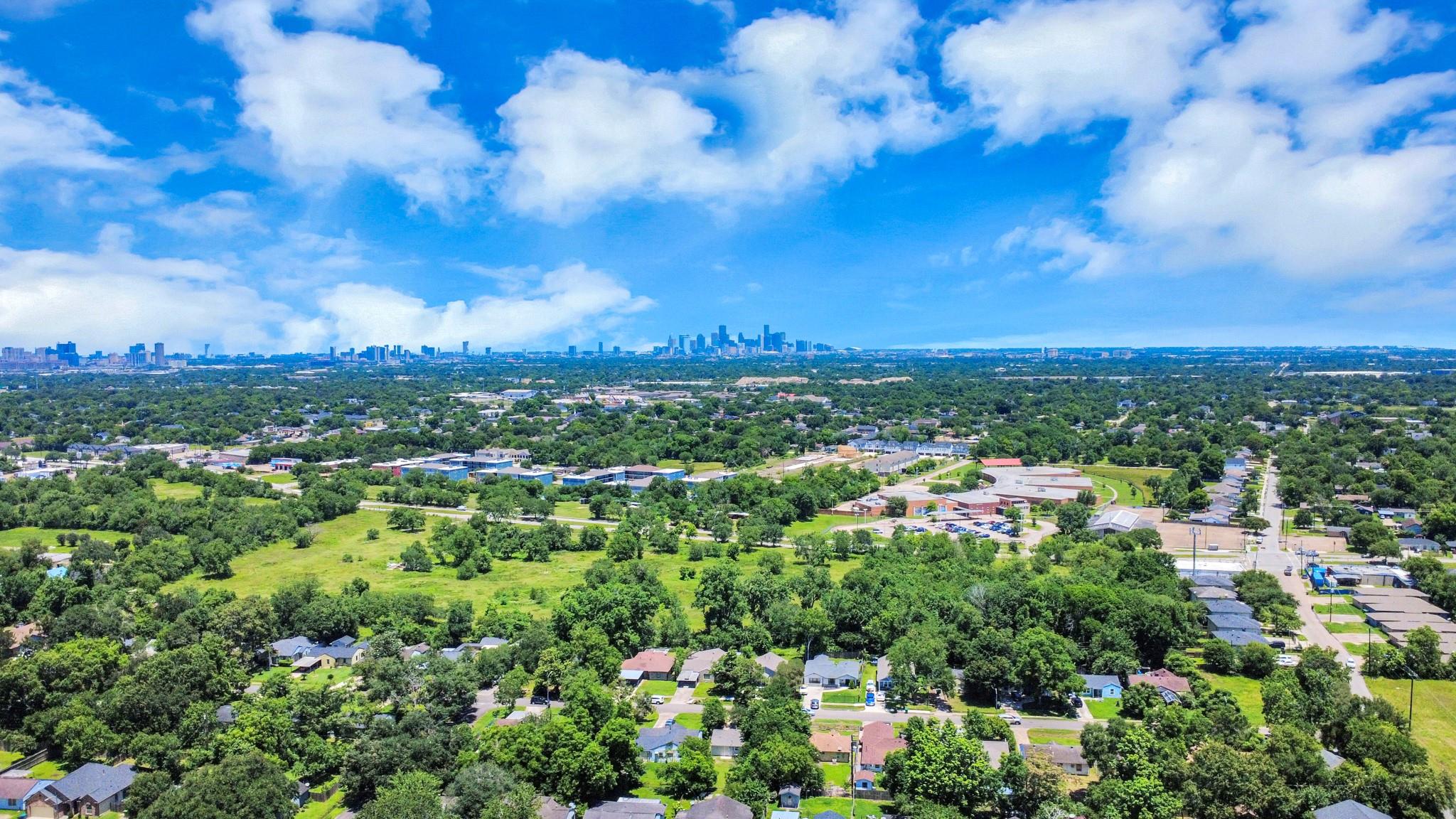 Aerial view of Houston’s leafy neighborhoods and open green space, with downtown visible on the horizon.