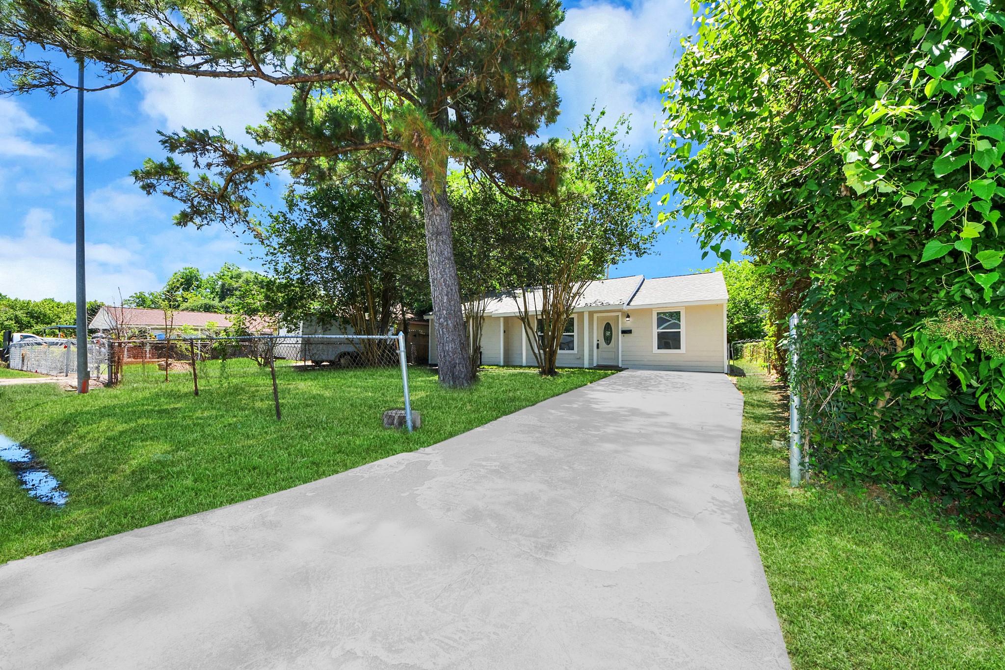 Single-story house at the end of a wide concrete driveway, framed by a large tree and leafy greenery.
