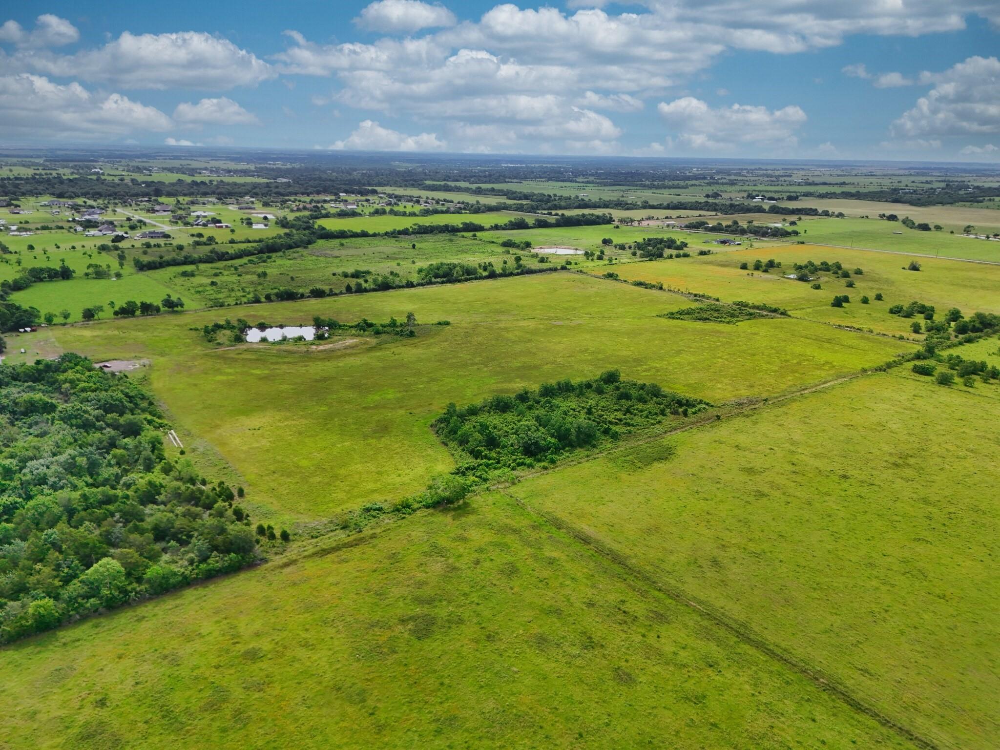 Aerial view of broad green pasture with tree clusters, a small pond, and rural fields stretching to the horizon.