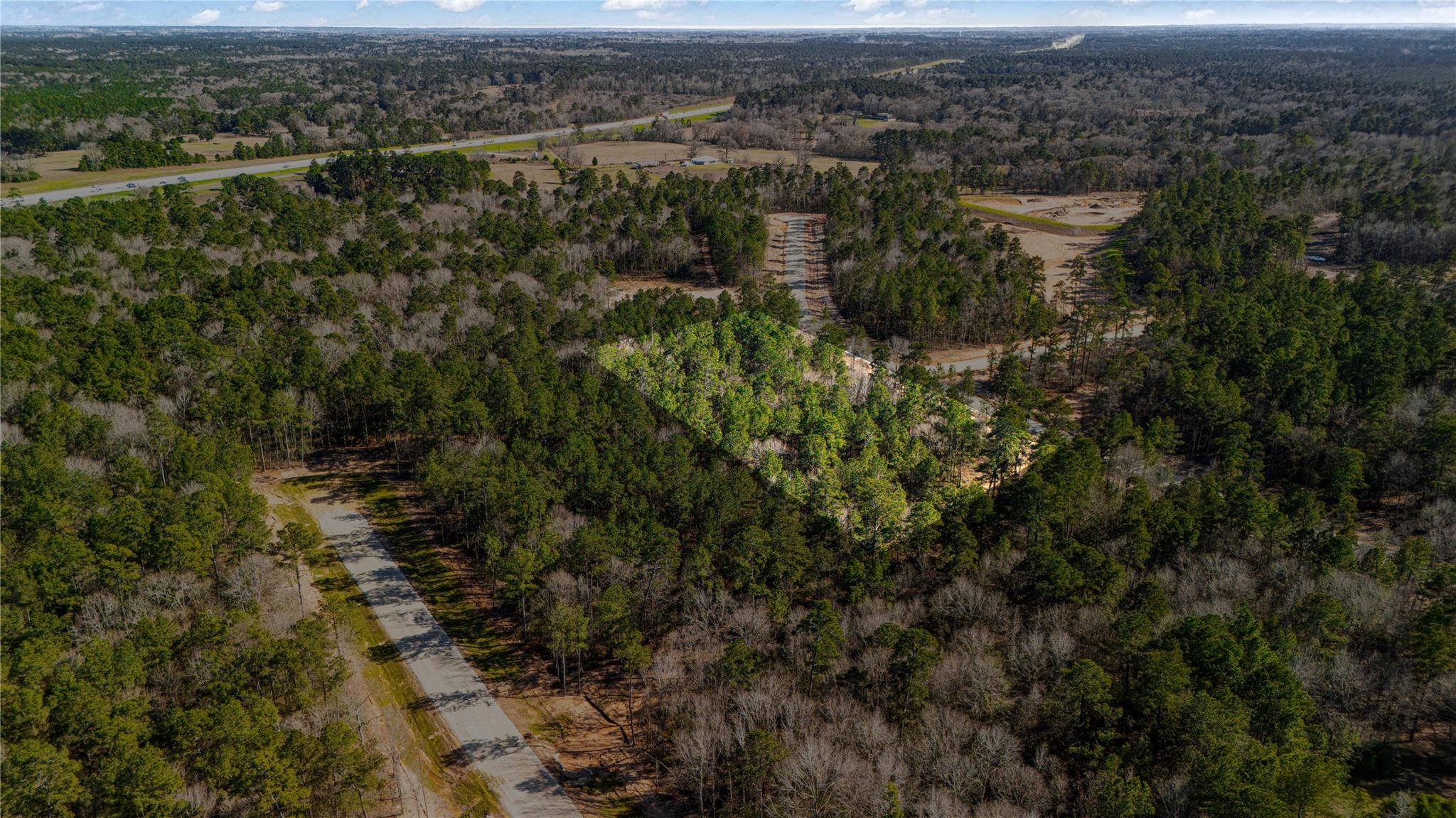 Aerial view of a wooded property with a paved road and cleared areas.