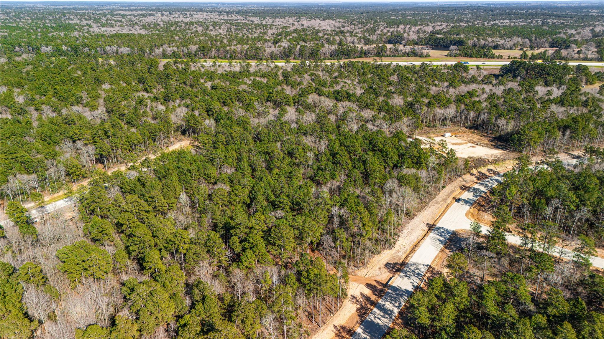 Aerial view of wooded land with a new road winding through cleared areas.